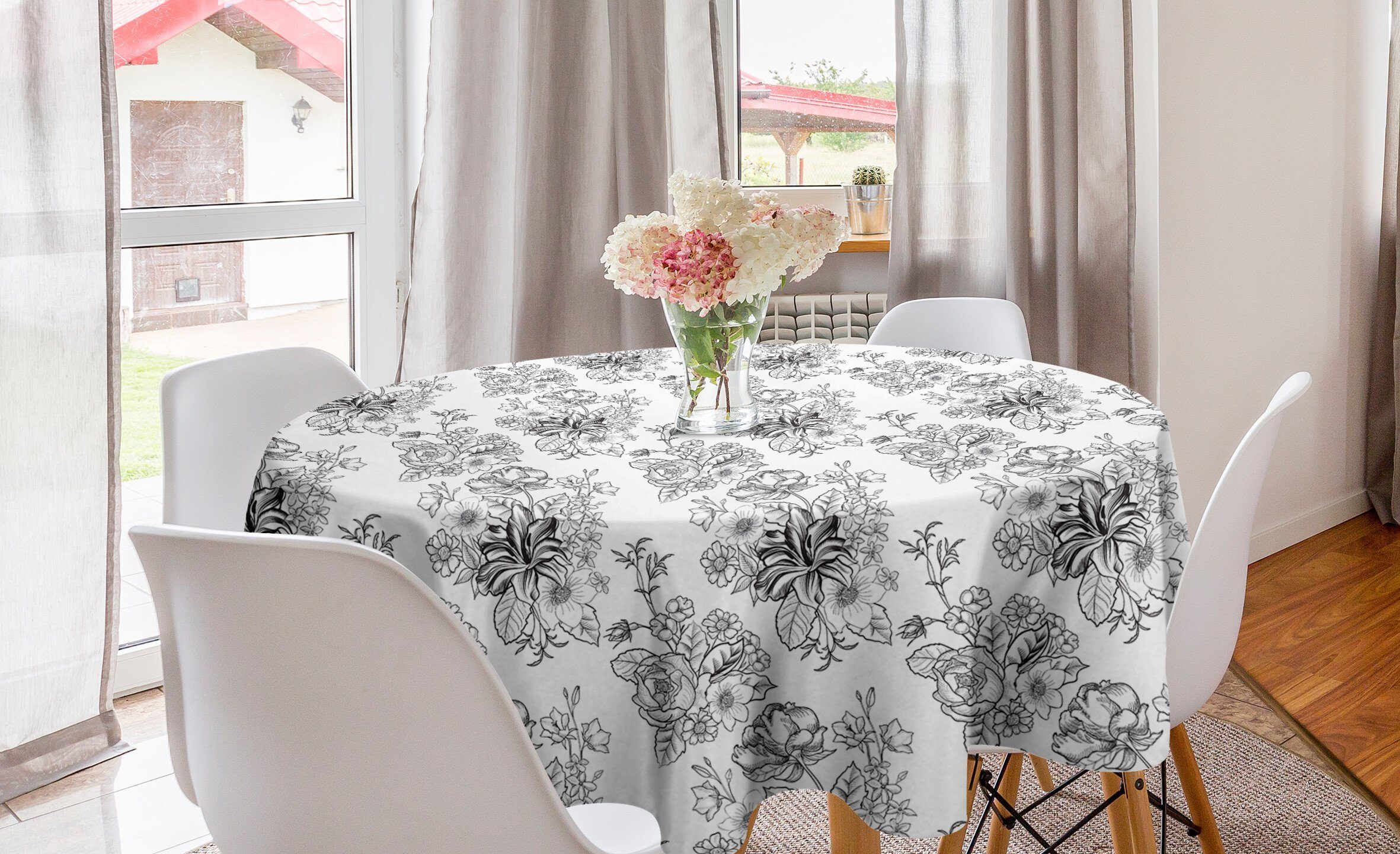 Abakuhaus Tischdecke Kreis Tischdecke Abdeckung für Esszimmer Küche Dekoration, Botanisch Monotone Wiese Blüten