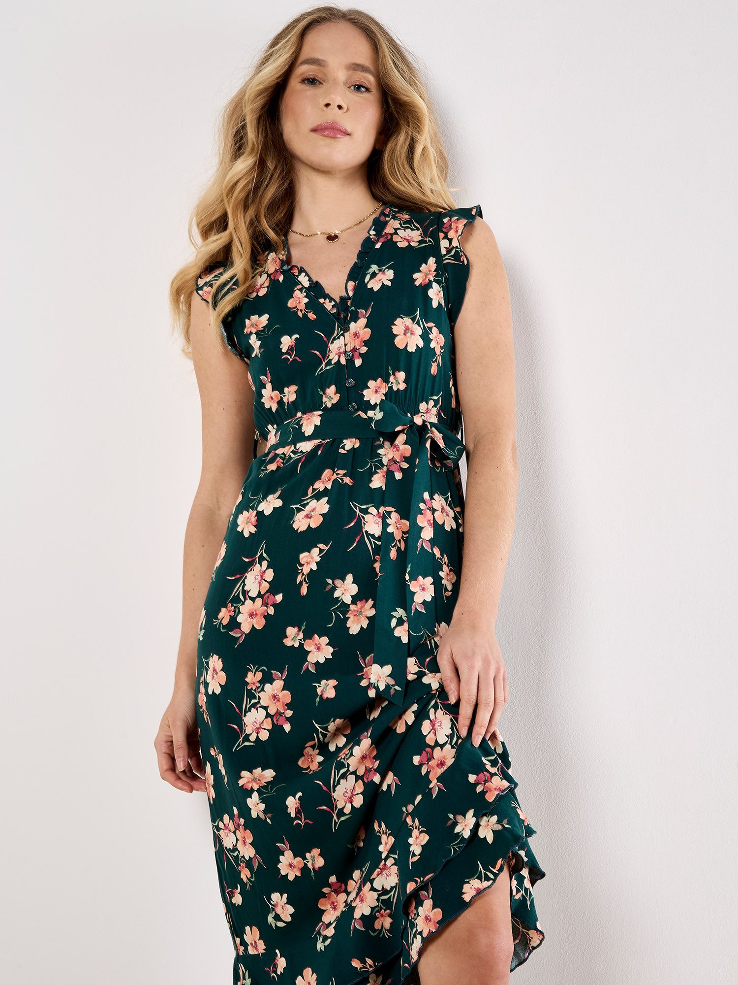 Apricot Druckkleid Geblümtes Midi- Sommerkleid (2-tlg., Stoffgürtel) mit Bi günstig online kaufen