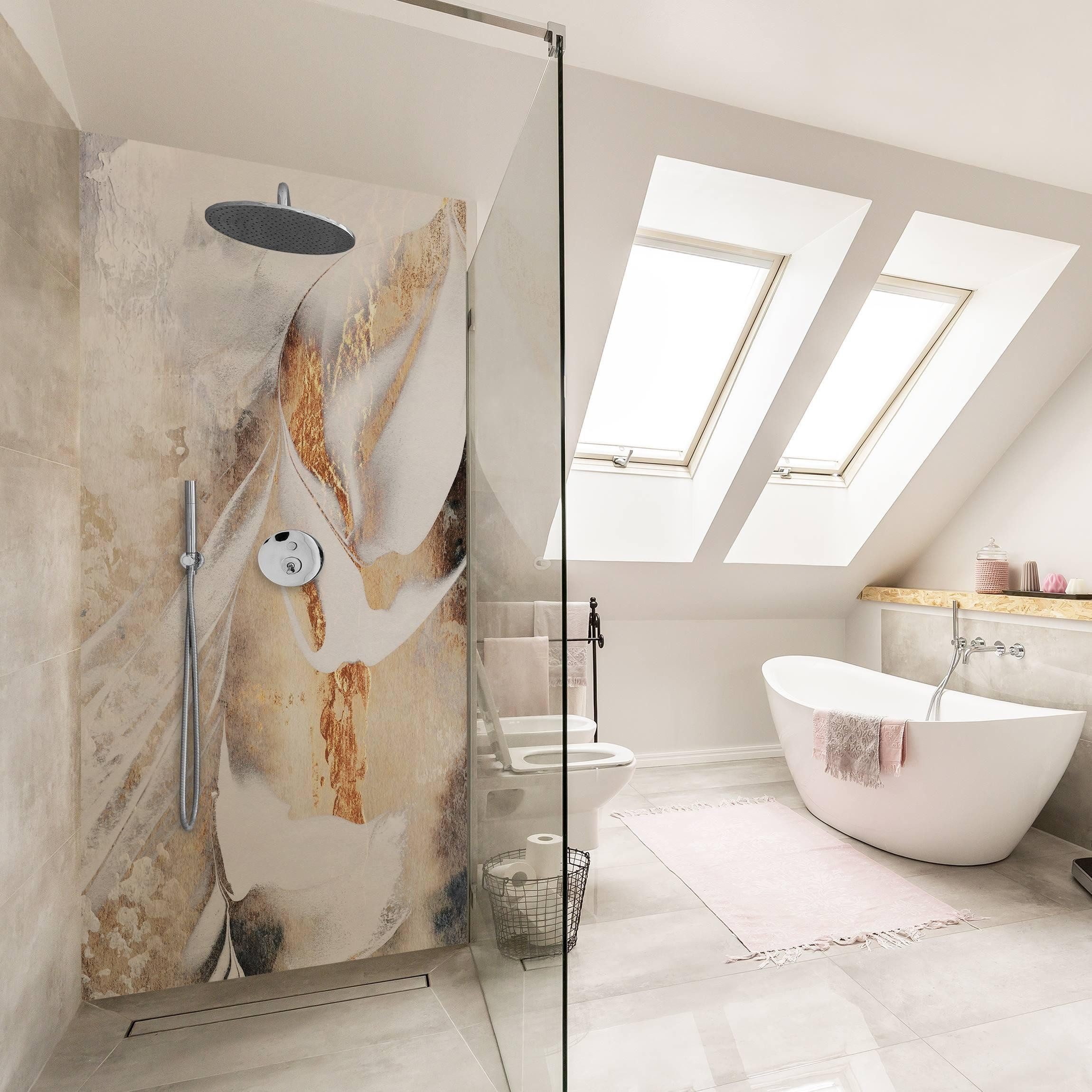 Bilderdepot24 Duschrückwand Abstrakt gold Duschrückwand ohne Bohren Dusche Aquarell, (1-tlg., 0,61 mm starke Folie selbstklebend Wandpaneele Dusche versch. Größen), fugenlose & wasserfeste Motiv Rückwand Wandverkleidung für Duschkabine