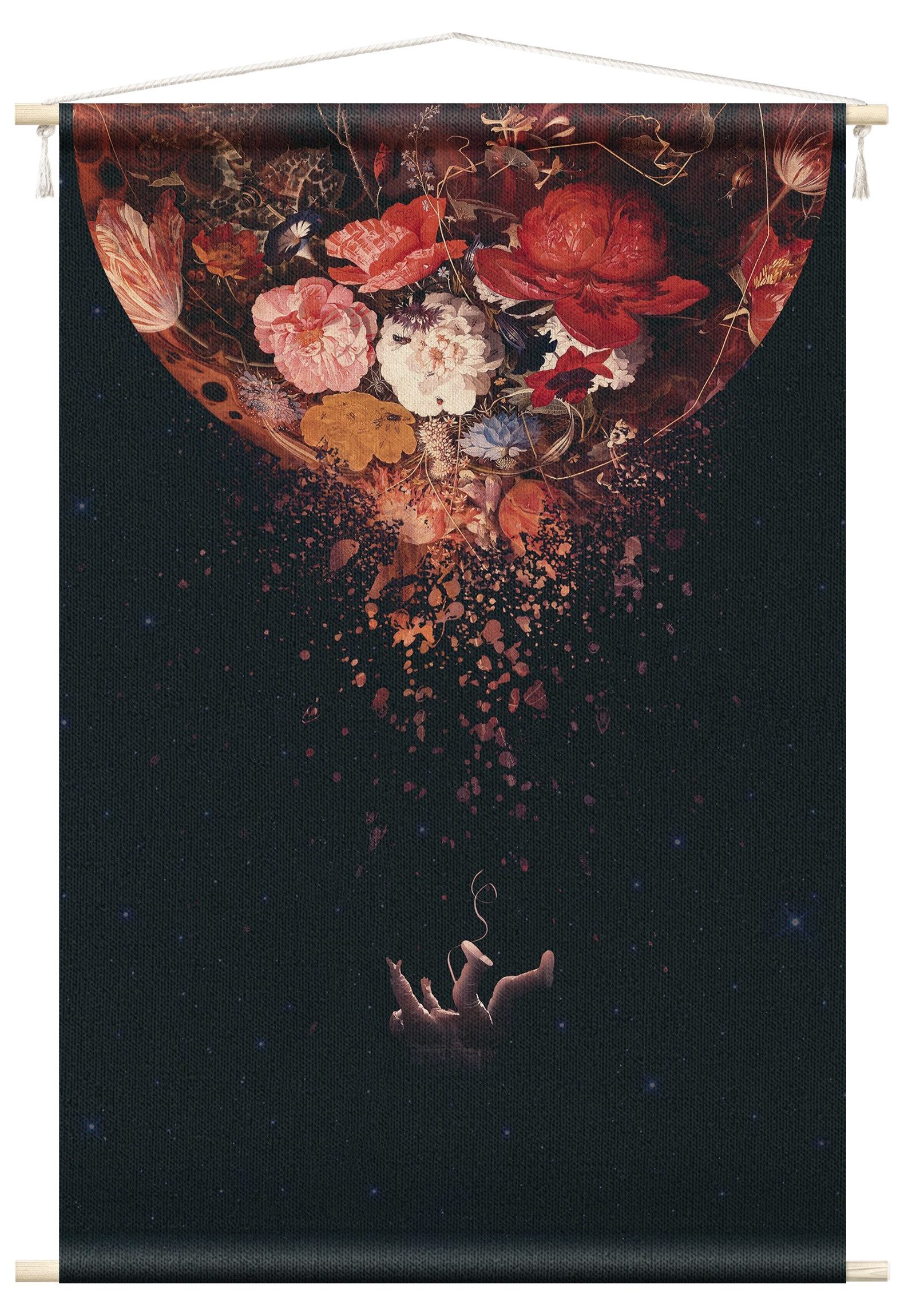 Wandteppich modern Blumen Himmel schwarz