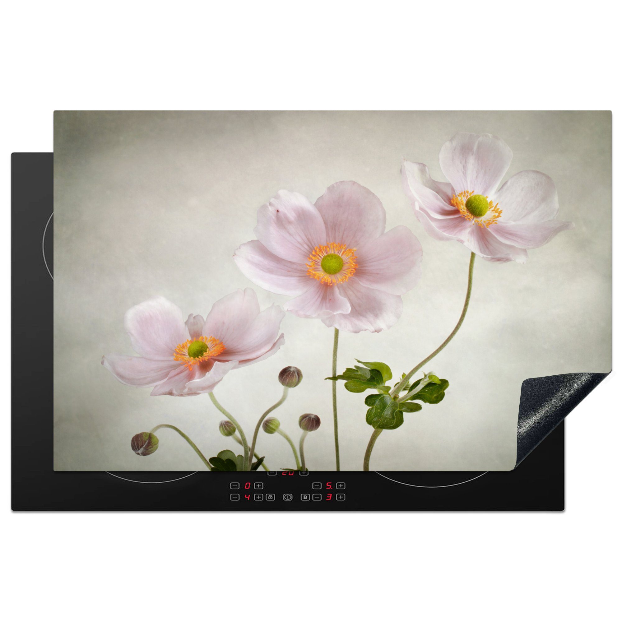 MuchoWow Herdblende-/Abdeckplatte Blumen Stillleben Ceranfeldabdeckung, 81x52 - für Rosa, - (1 tlg), Vinyl, Arbeitsplatte küche - Ölfarbe Mohn cm, 