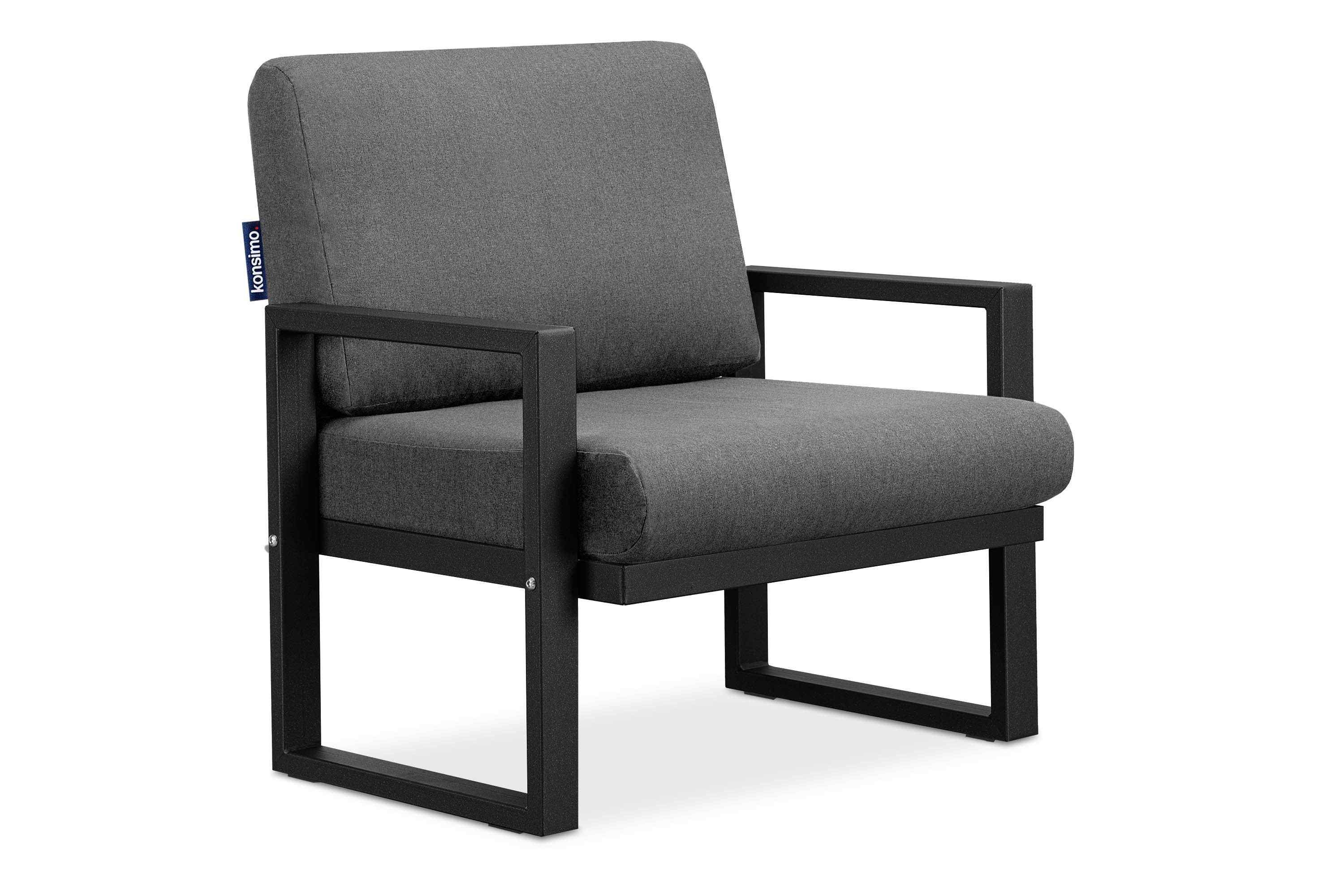 Konsimo Gartensessel FRENA Garten-Sessel (1x Sessel), pflegeleicht, bequeme Sitz- und Rückenkissen, schmutz- und wasserabweisend, UV-Beständigkeit schwarz / grau