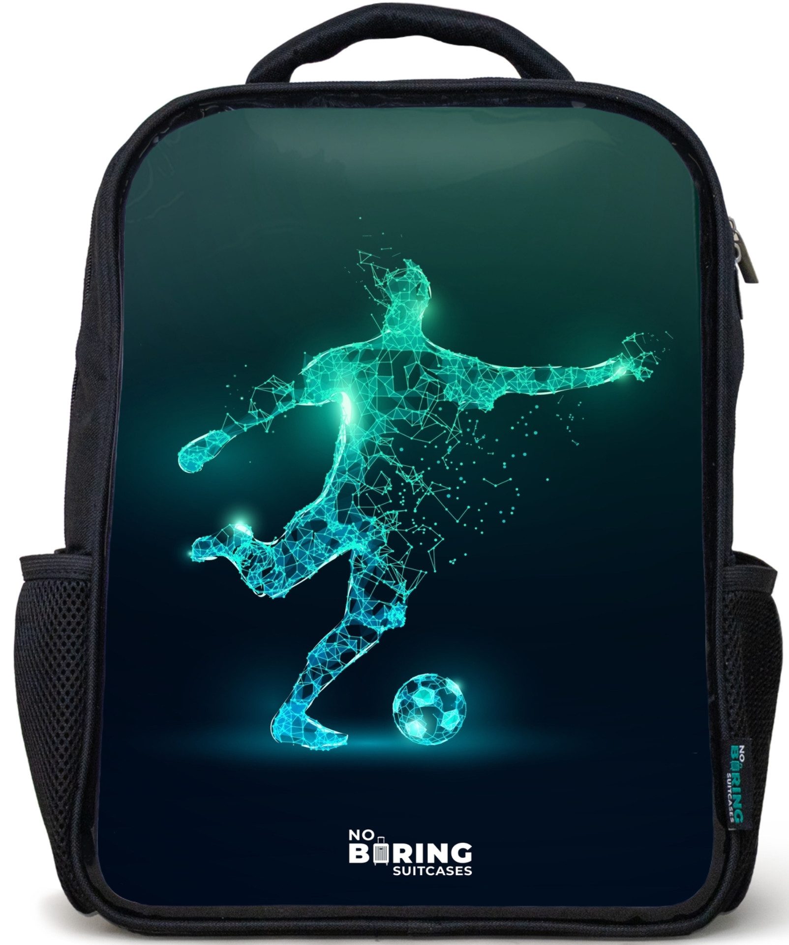 NoBoringSuitcases.com© Rucksack Schwarz - Fußballer kickt mit Gewalt in digitaler Form, Kinderrucksack Schwarz, Schulrucksack, Freizeitrucksack Jungen Mädchen