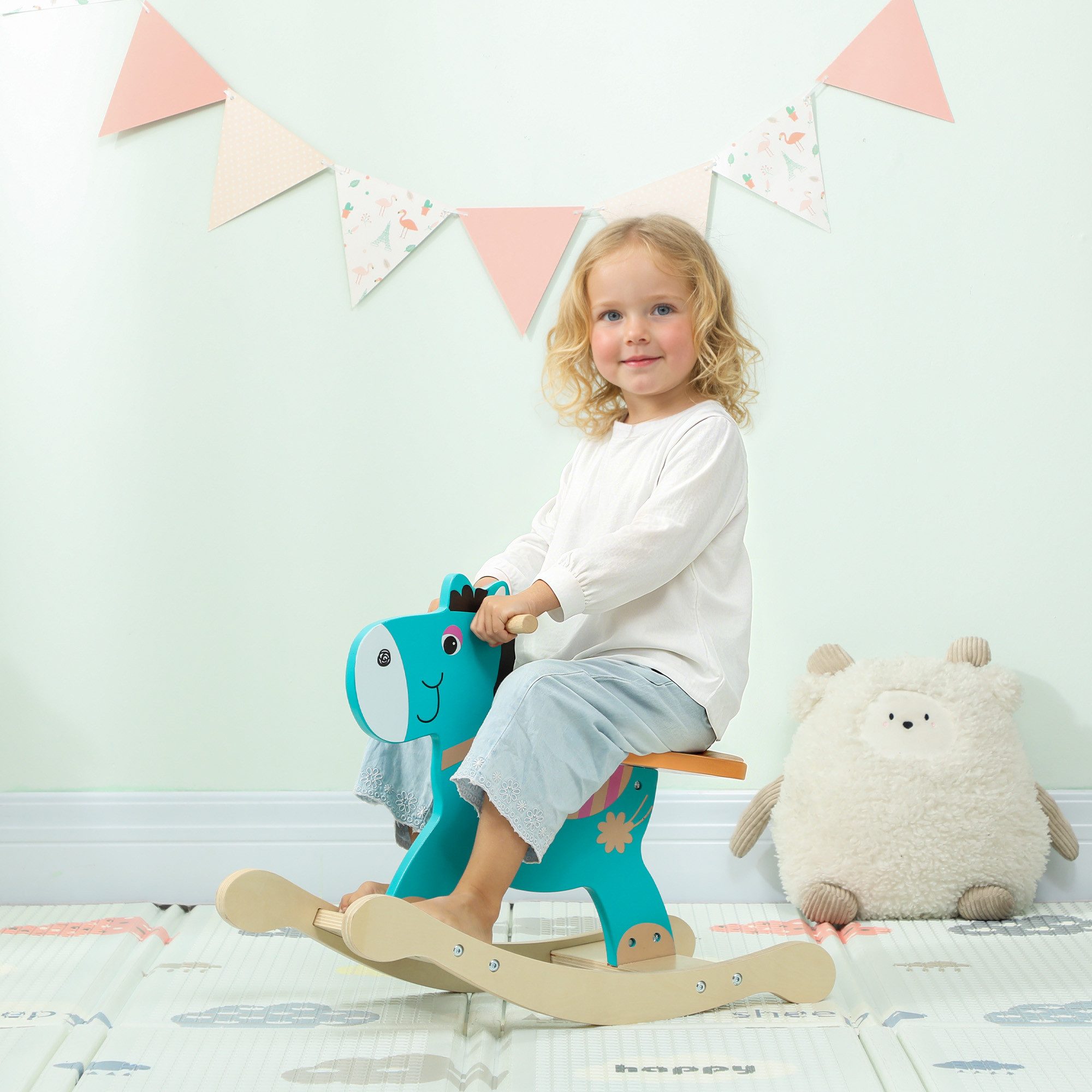 AIYAPLAY Schaukeltier Schaukelpferd Holz mit Haltegriffen Esel, (1 tlg), für Kinder von 2-5 Jahren, Dunkelgrün – Bild 2 von 5