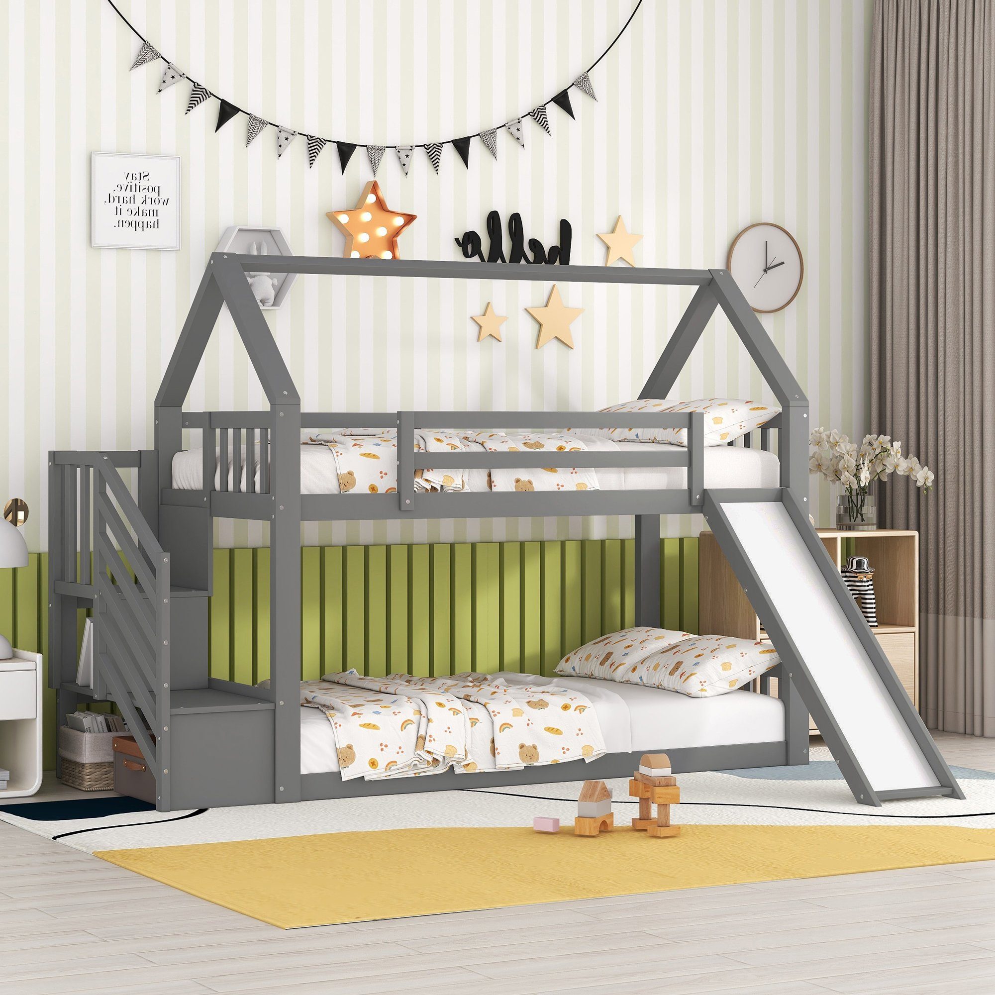 WISHDOR Bett Etagenbett Hausbett Kinderbett Jugendliche 90x200cm (mit Stauraumtreppe und Rutsche, mit Geländer, geeignet für Kinder, Jugendliche), Ohne Matratze grau