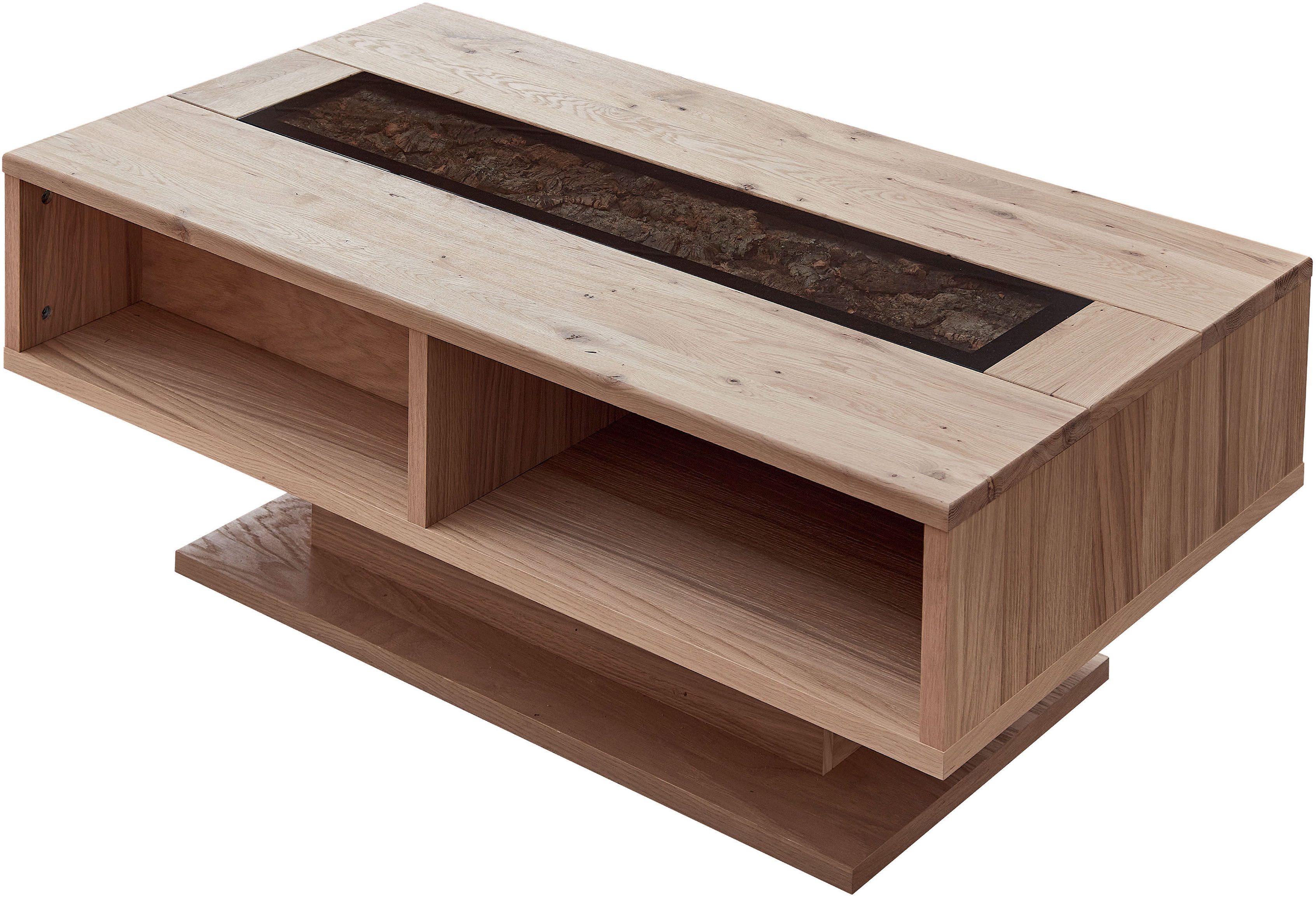 Wohnconcept Couchtisch Donna Couchtisch, 115x43x65 (BxHxT) (1-St), Massivholz, Absetzung Echtkork gerundet, 4 offene Fächer