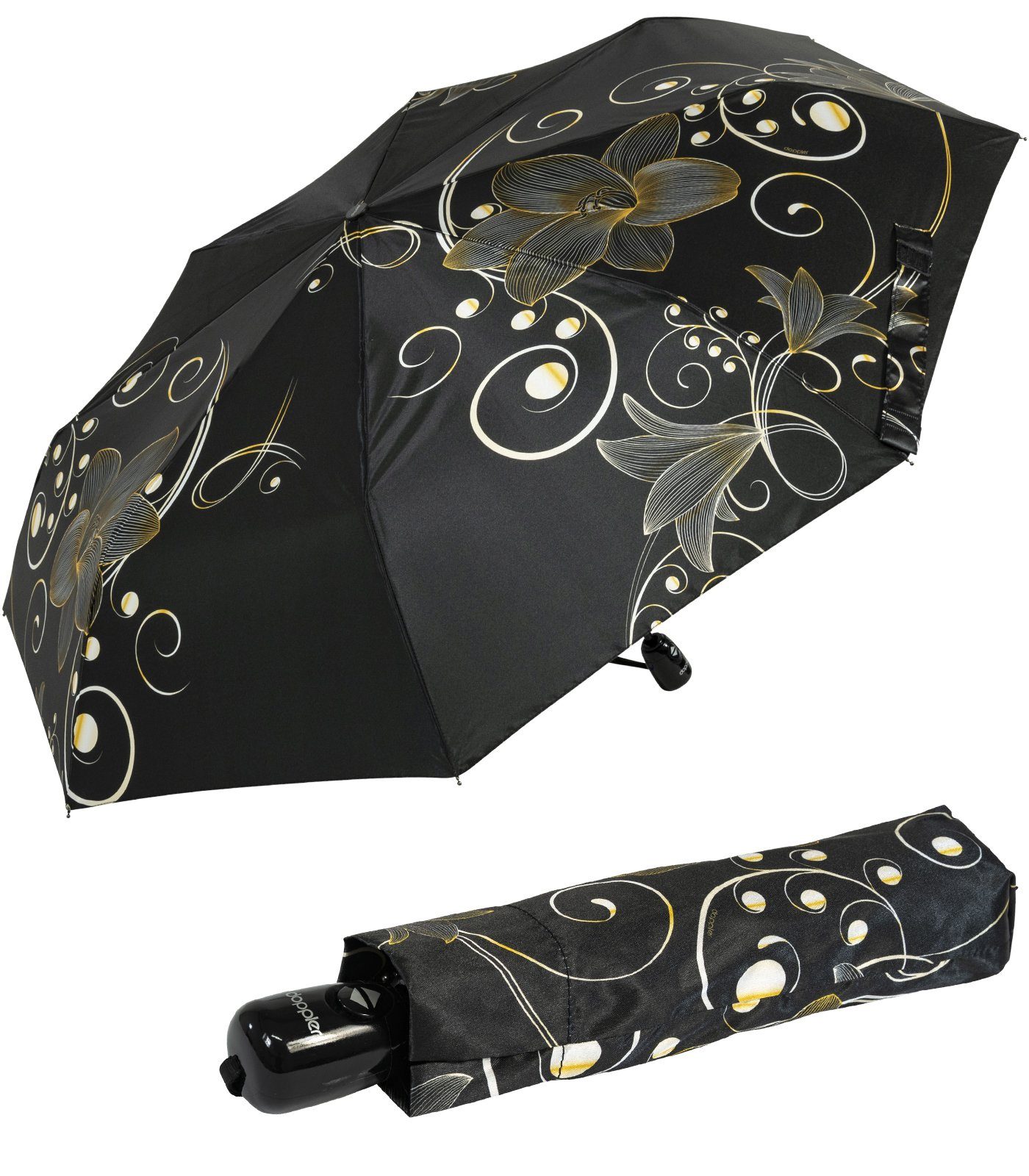 Auf-Zu-Automatik, goldenem doppler® Golden Langregenschirm - mit Blumen-Design mit Damen-Taschenschirm Flower