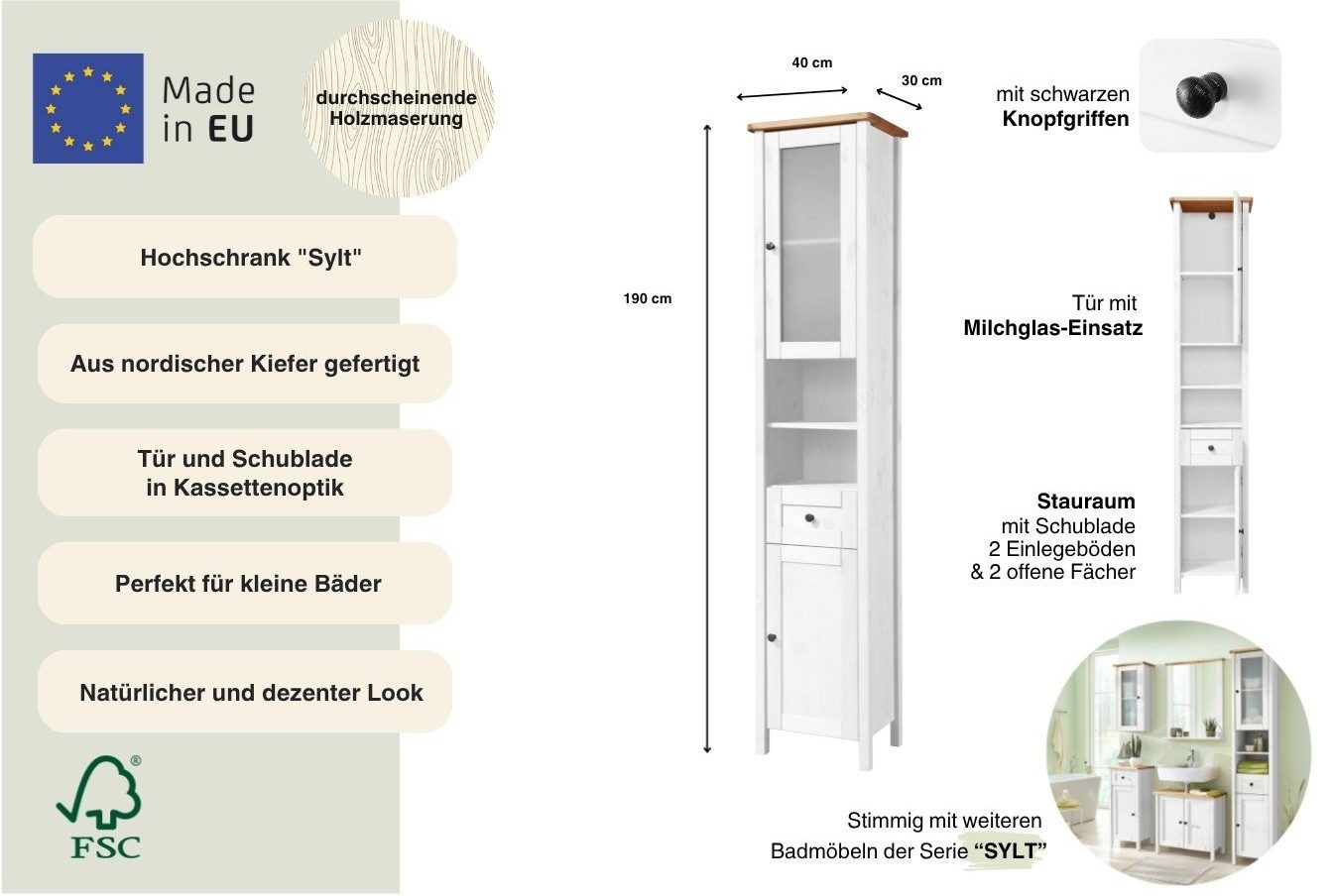 welltime Hochschrank Sylt Badmöbel im Landhaus-Stil, Breite 40 cm, aus Massivholz