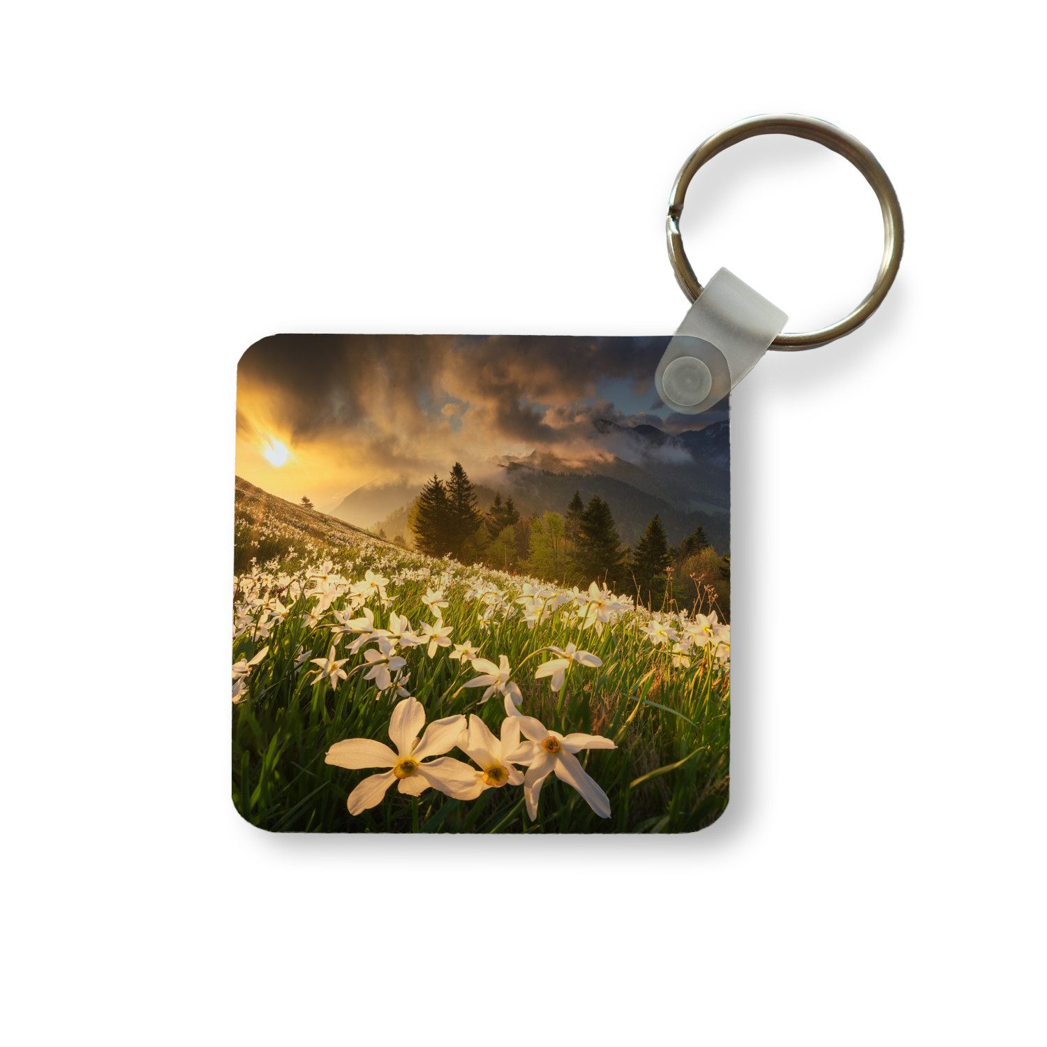 Schlüsselanhänger Blumenfeld - Hügel - Sonnenuntergang - Berg - Natur - Weiß - Hügel
