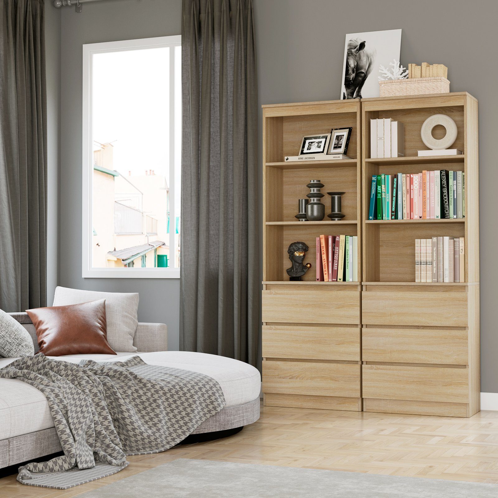 Homfa Hochschrank Bücherregal Bücherschrank mit 3 Schubladen Vitrinenschrank eiche
