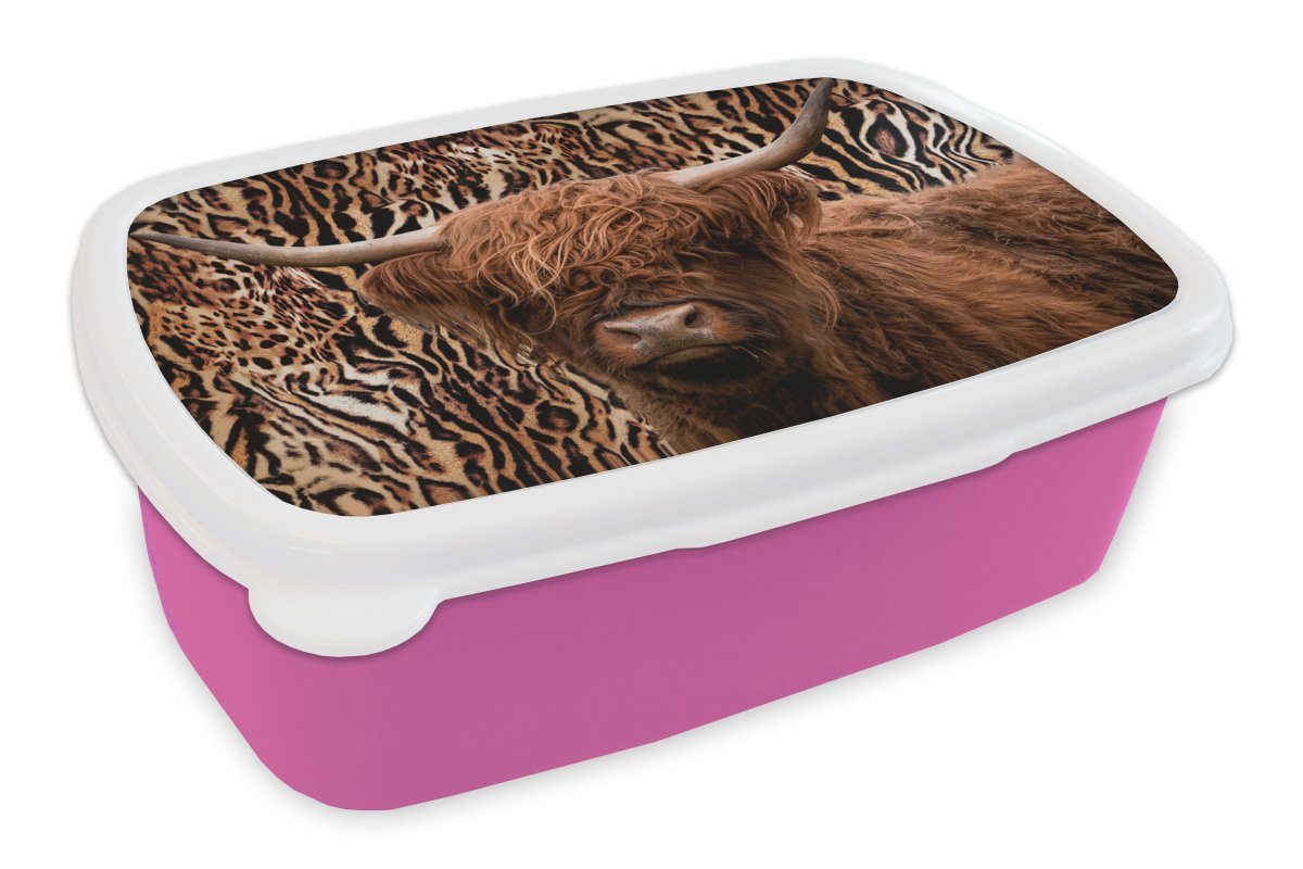Highlander Panther Kunststoff Schottischer Tiere, Mädchen, (2-tlg), Druck - Kunststoff, Brotbox Brotdose Snackbox, - für MuchoWow Erwachsene, rosa Kinder, Lunchbox