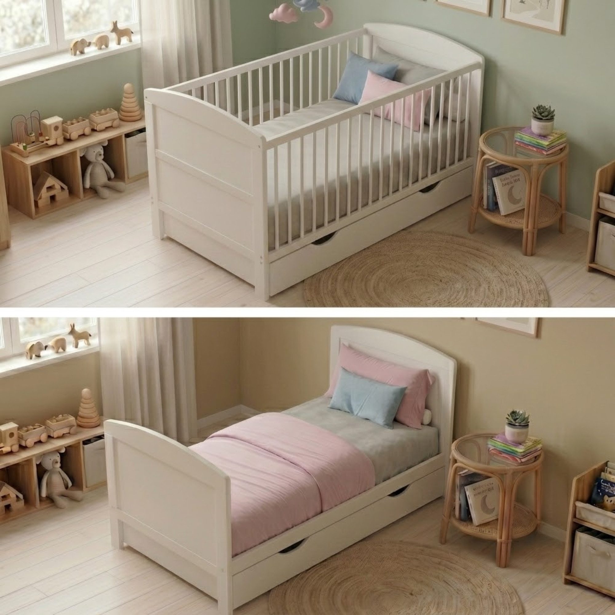 Kids Collective Babybett Kinderbett 60x120/70x140 cm umbaubar zu höhenverstellbares Lattenrost, 60x120 cm Weiß mit Matratze und Schublade von Geburt bis 3. Lebensjahr