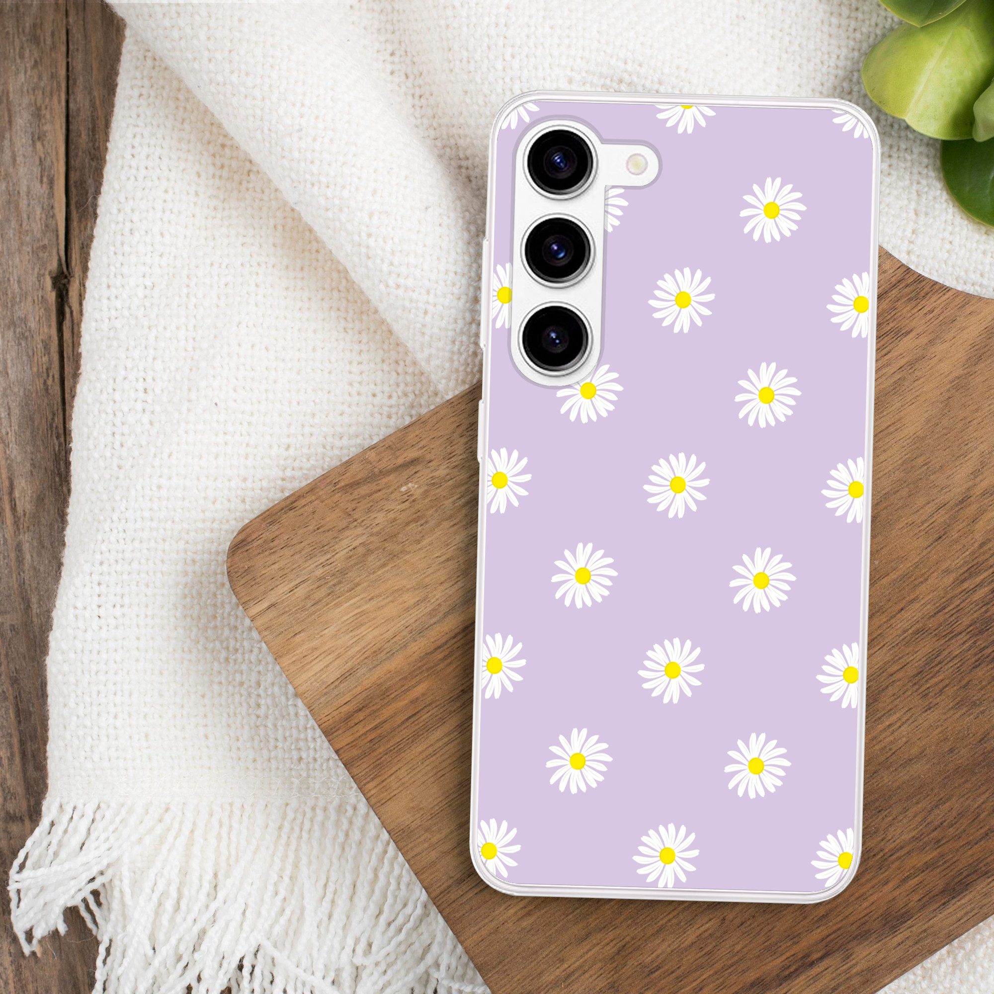 MuchoWow Handyhülle für Samsung Galaxy S23 Gänseblümchen - Pastell - Weiß - Lila - Blumen, Phone Case, Silikon, Schutzhülle Dünn