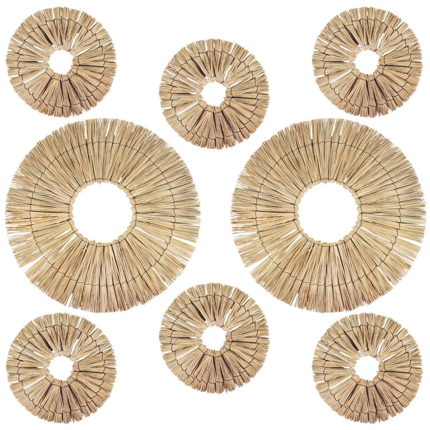 Marrakesch Orient & Mediterran Interior Wanddekoobjekt 8er runde Boho Wanddeko aus Rattan mit Metallrahmen, 2x 58cm, 6x 22cm (8 St), Handarbeit