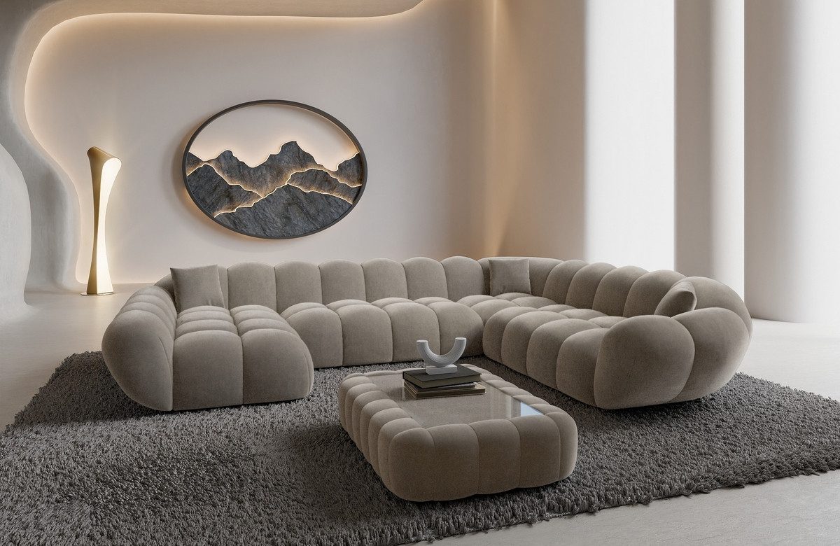 Sofa Dreams Wohnlandschaft Maleron XXL Polster Couch, Stoffsofa, 6-Sitzer, Ottomane links, Samtstoff in Sand