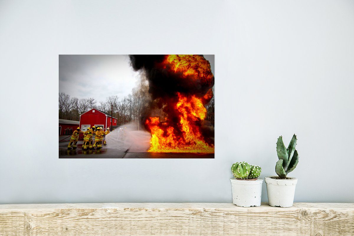 - Wandbild, Wandposter Ohne MuchoWow für St), Feuer Poster, Wohnzimmer, Rahmen (1 Feuerwehrleute, Amerika Poster -