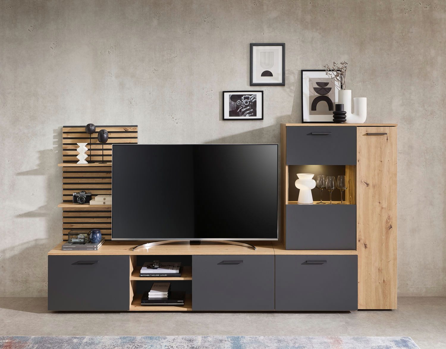 moebel-dich-auf Wohnwand ANCONA, (Artisan Eiche Nb. / anthrazit, Wandboard in Lamellenoptik + Lowboard + Vitrine), inkl. LED-Beleuchtung