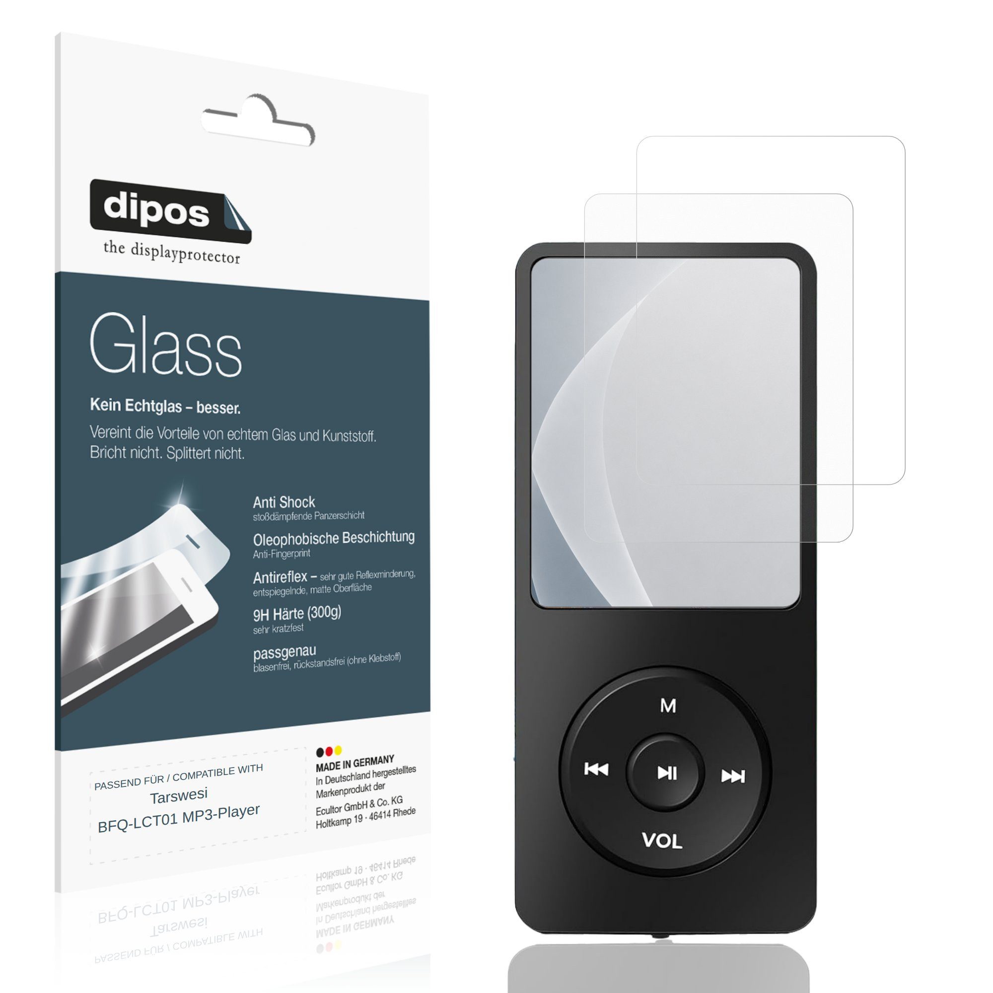 dipos Displayschutzfolie Schutzfolie für Tarswesi BFQ-LCT01 MP3-Player, 2 Stück, Displayschutz Schutz Folie Made in Germany