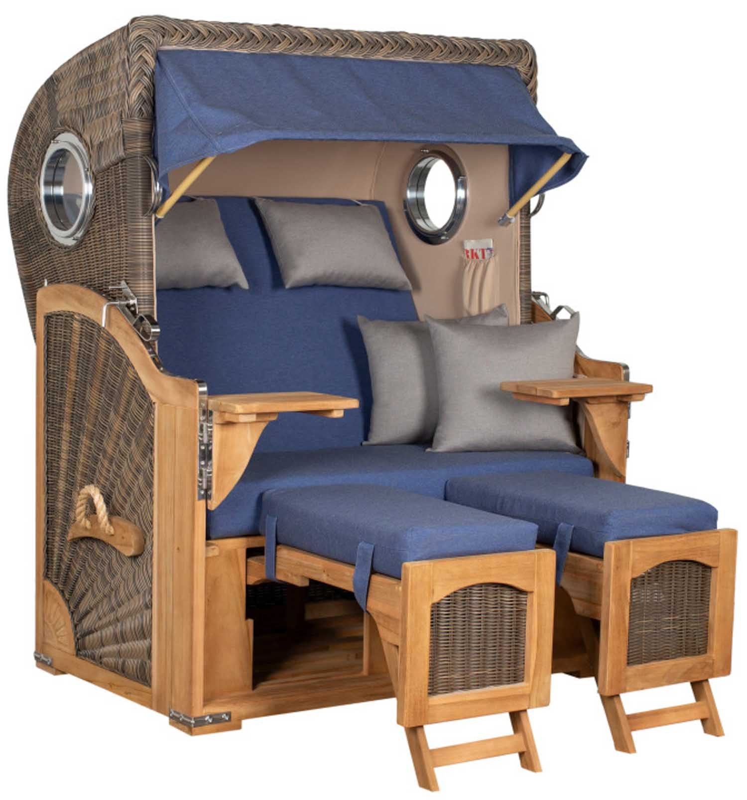 MR.DEKO Strandkorb Düne Bullauge Teak PE Grey Dessin 595, BxTxH: 125x80x170 cm