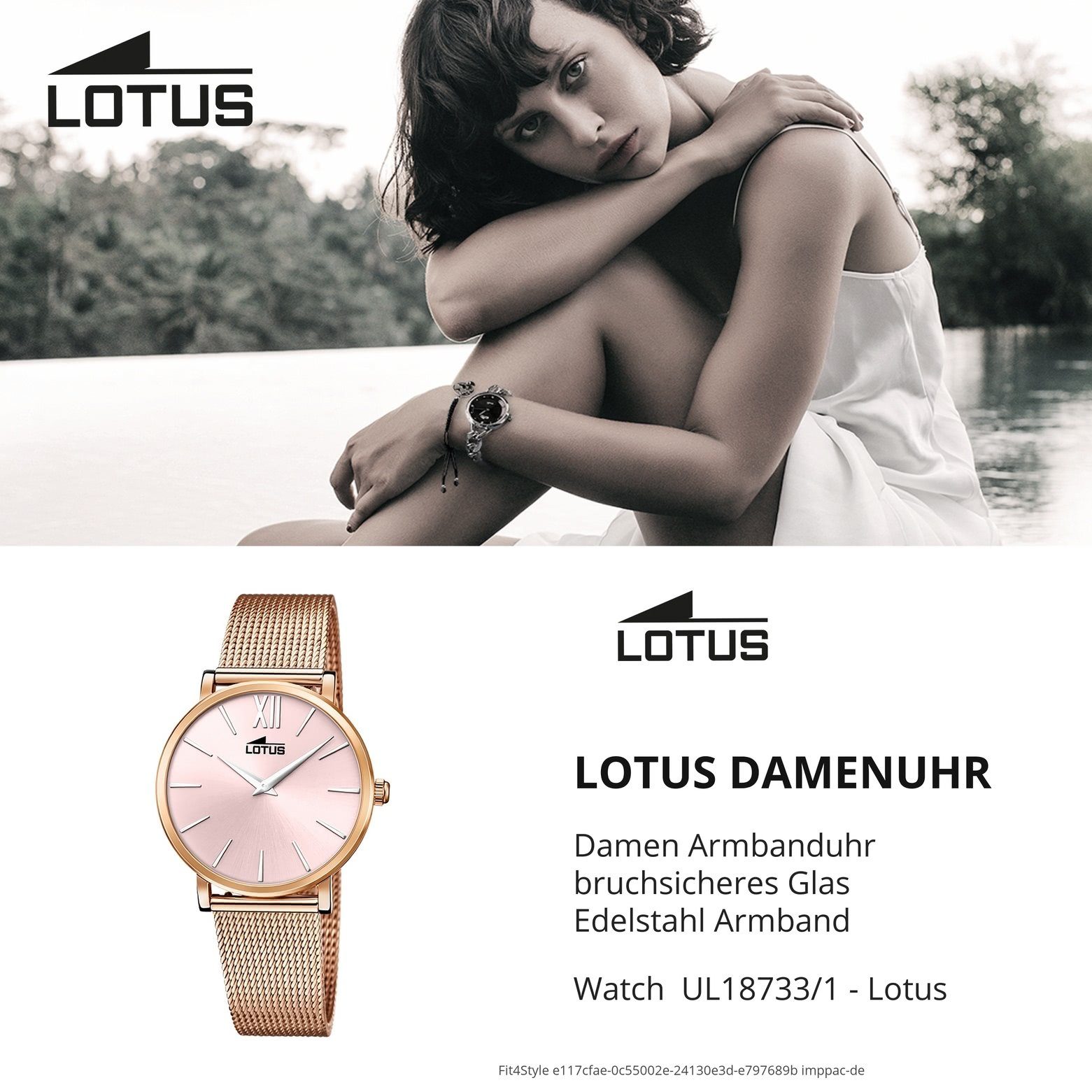 Lotus Quarzuhr Lotus Armbanduhr Edelstahlarmband Damen (ca. Smart Casual, mittel rund, rosegold Damenuhr 33mm)