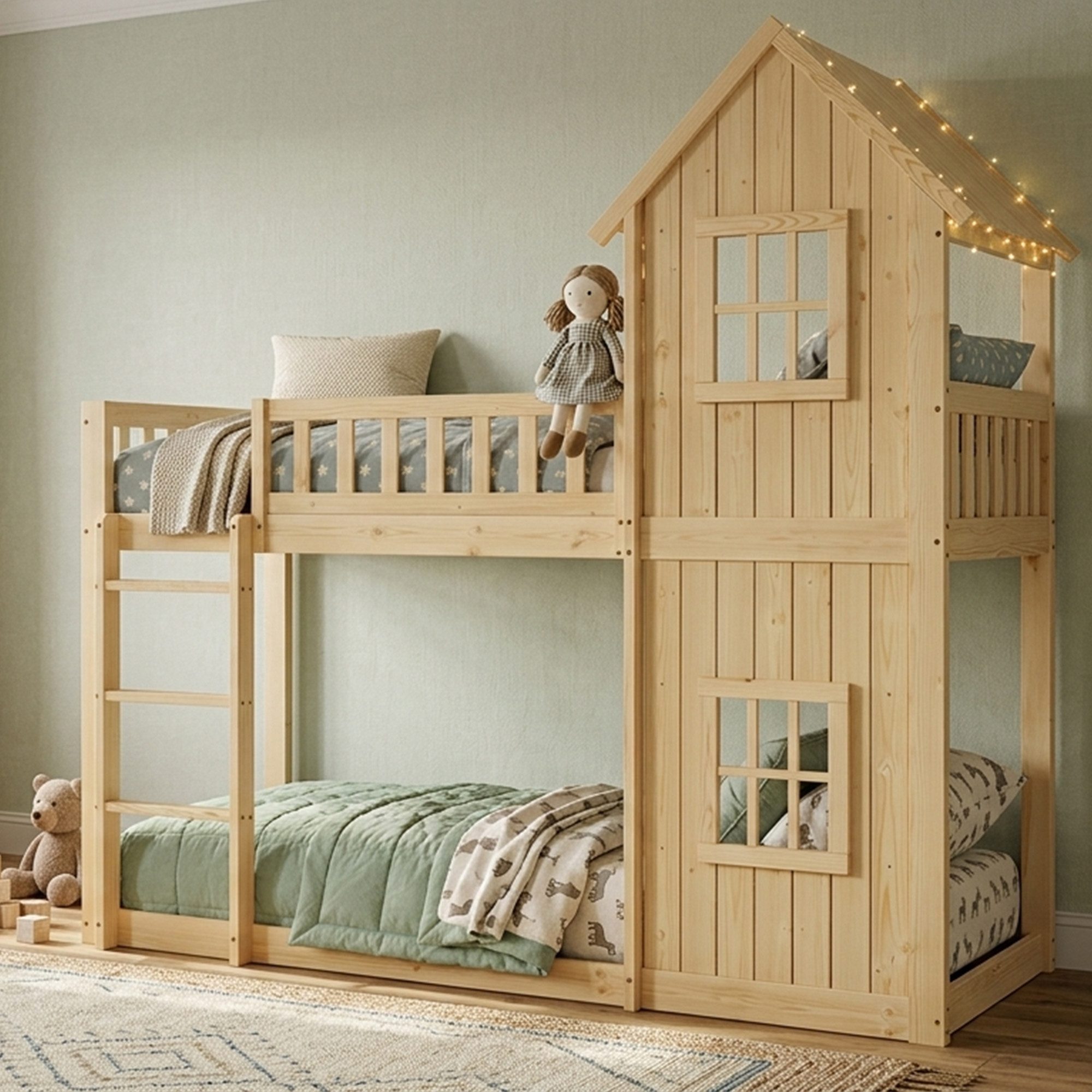 Flieks Etagenbett, Hausform Kinderbett 90x200cm mit Fenster und dreistufiger Leiter