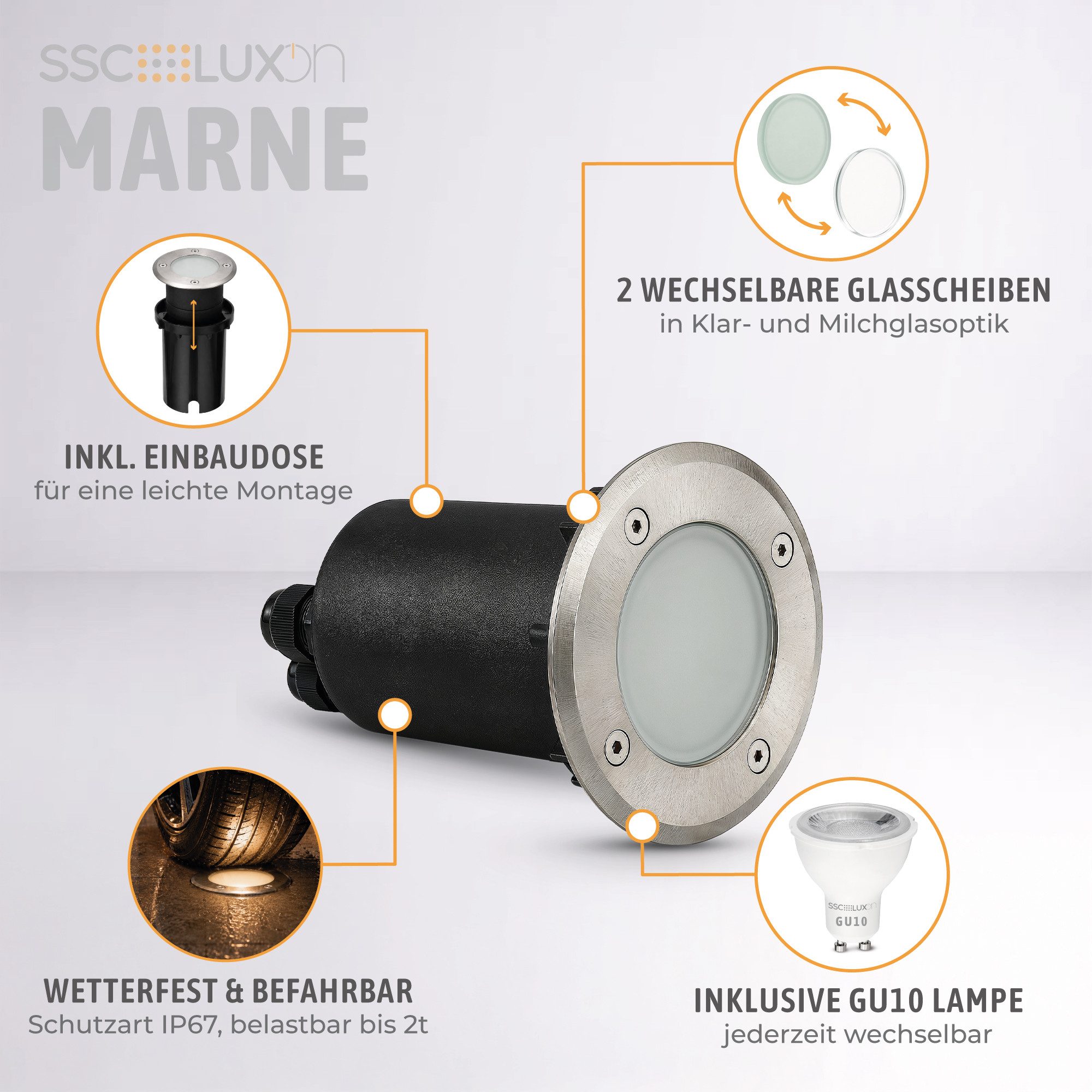 SSC-LUXon LED Gartenstrahler MARNE Bodeneinbaustrahler IP67 Smart WLAN RGBW GU10 LED 5W Bodenlampe, Smart
