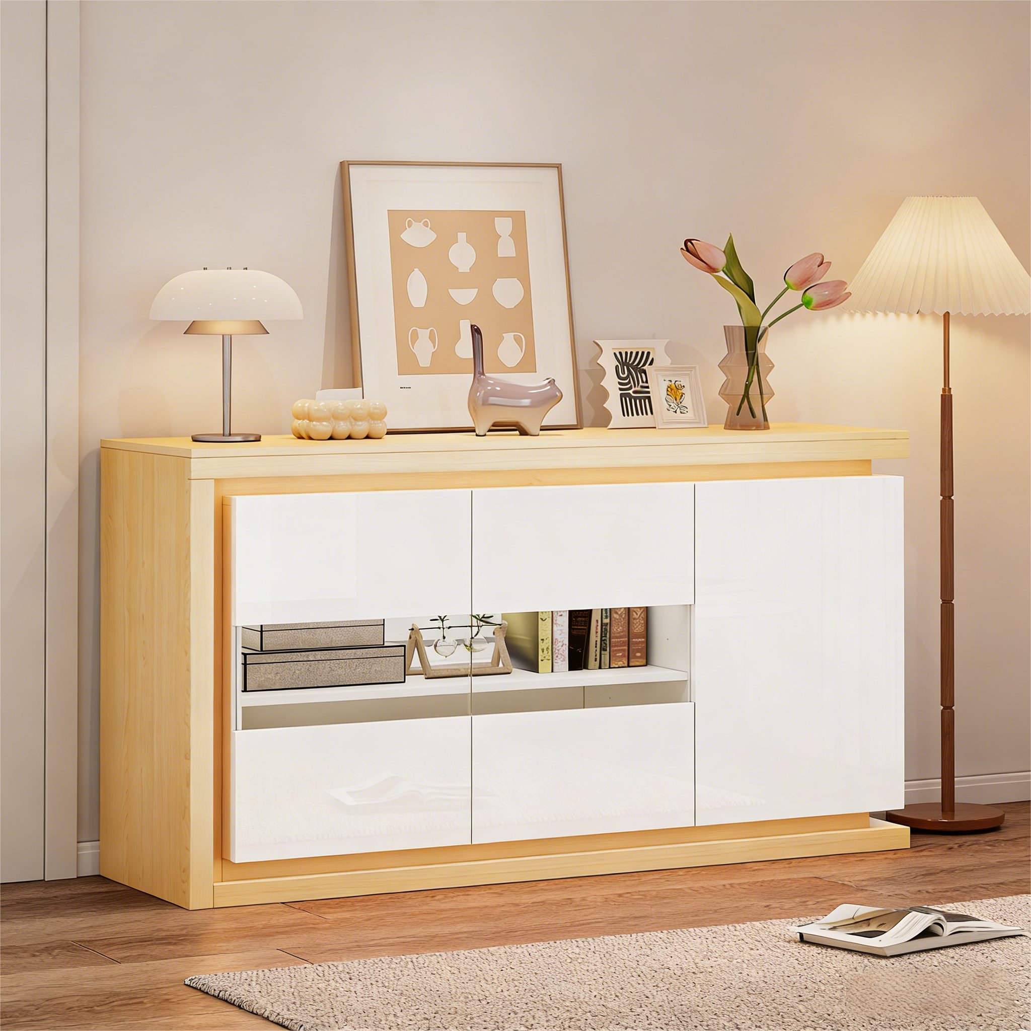 STILVORA Sideboard Hochglanz-Wohnzimmerschrank Kommode für Flure, Wohnzimmer, Büros (mit LED, 3 Türen, Glas, 4 Fächer, modern, 140×40×84cm, Hochglanz, Glasfront, mehrschichtig, verstellbar), LED mit Fernbedienung, gehärtetes Glas, stabil, pflegeleicht