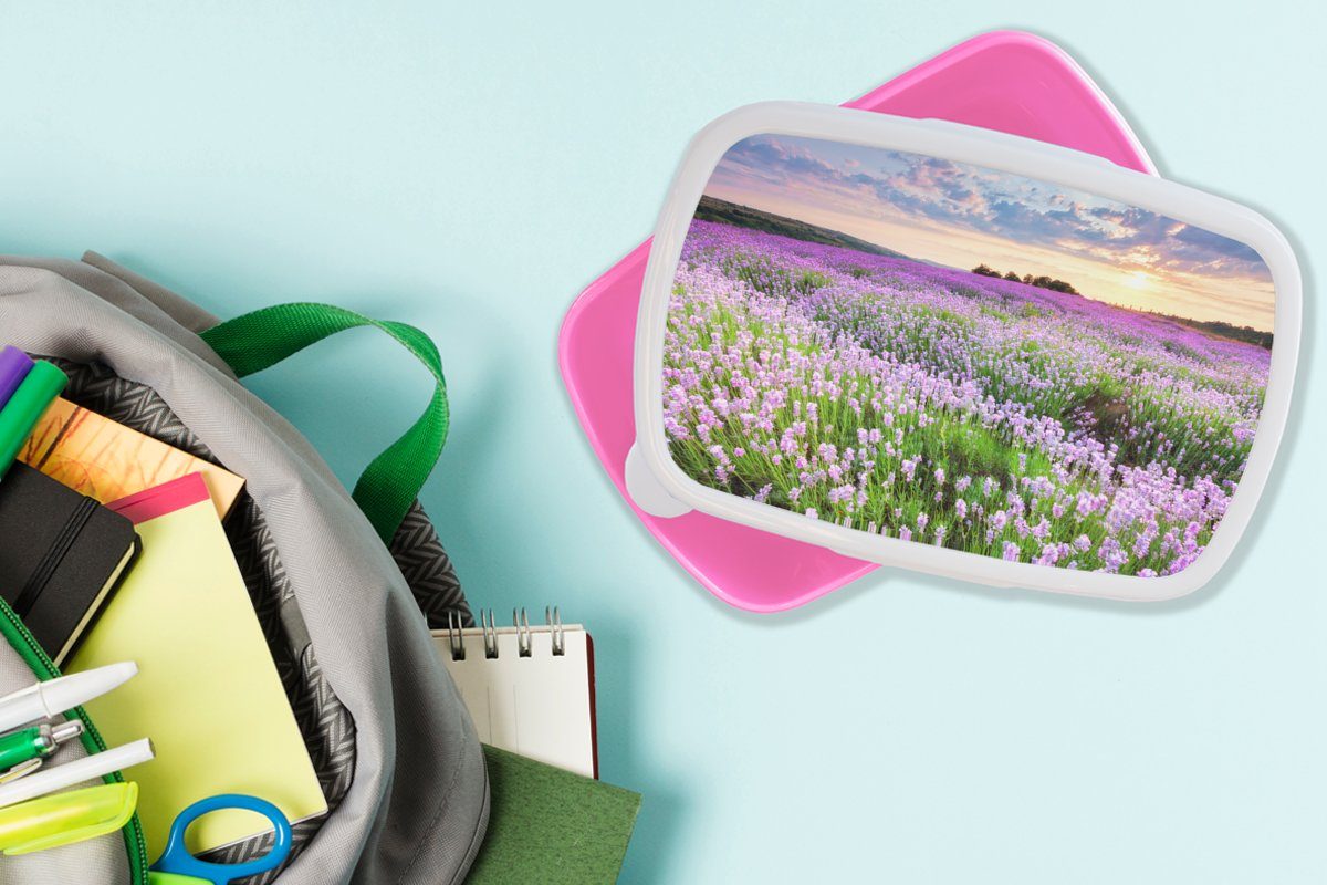 Mädchen, Kinder, rosa Sonnenuntergang (2-tlg), MuchoWow Lila für Blumen Wiese, Brotbox Snackbox, Lunchbox - Brotdose Erwachsene, Kunststoff - Lavendel Kunststoff, - -
