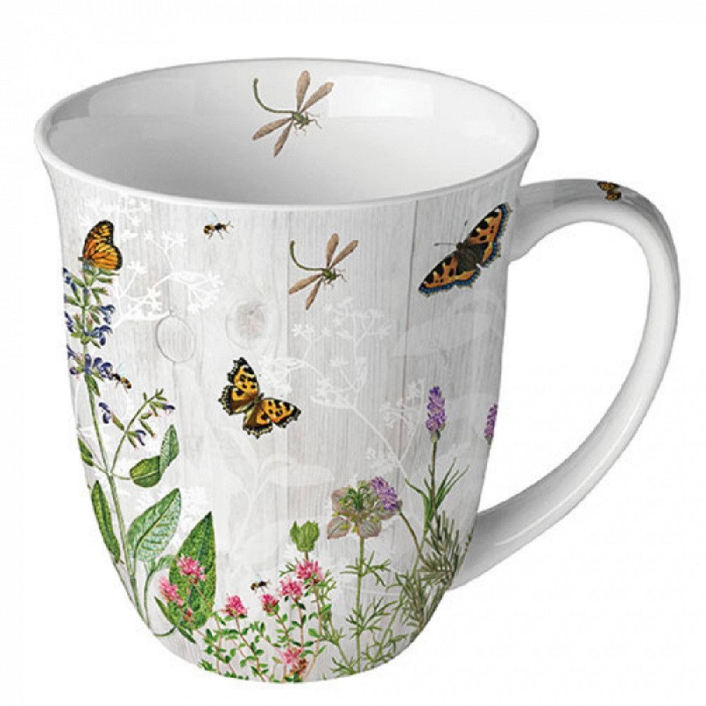Ambiente Luxury Paper Products Becher Porzellan, Schmetterling, Garten, Mug, Butterfly Kollektion, 1-tlg., Porzellan : Becher 0,4 L Kräutergarten, Schmetterling, Libelle Motiv, Tasse, Tee/Kaffee