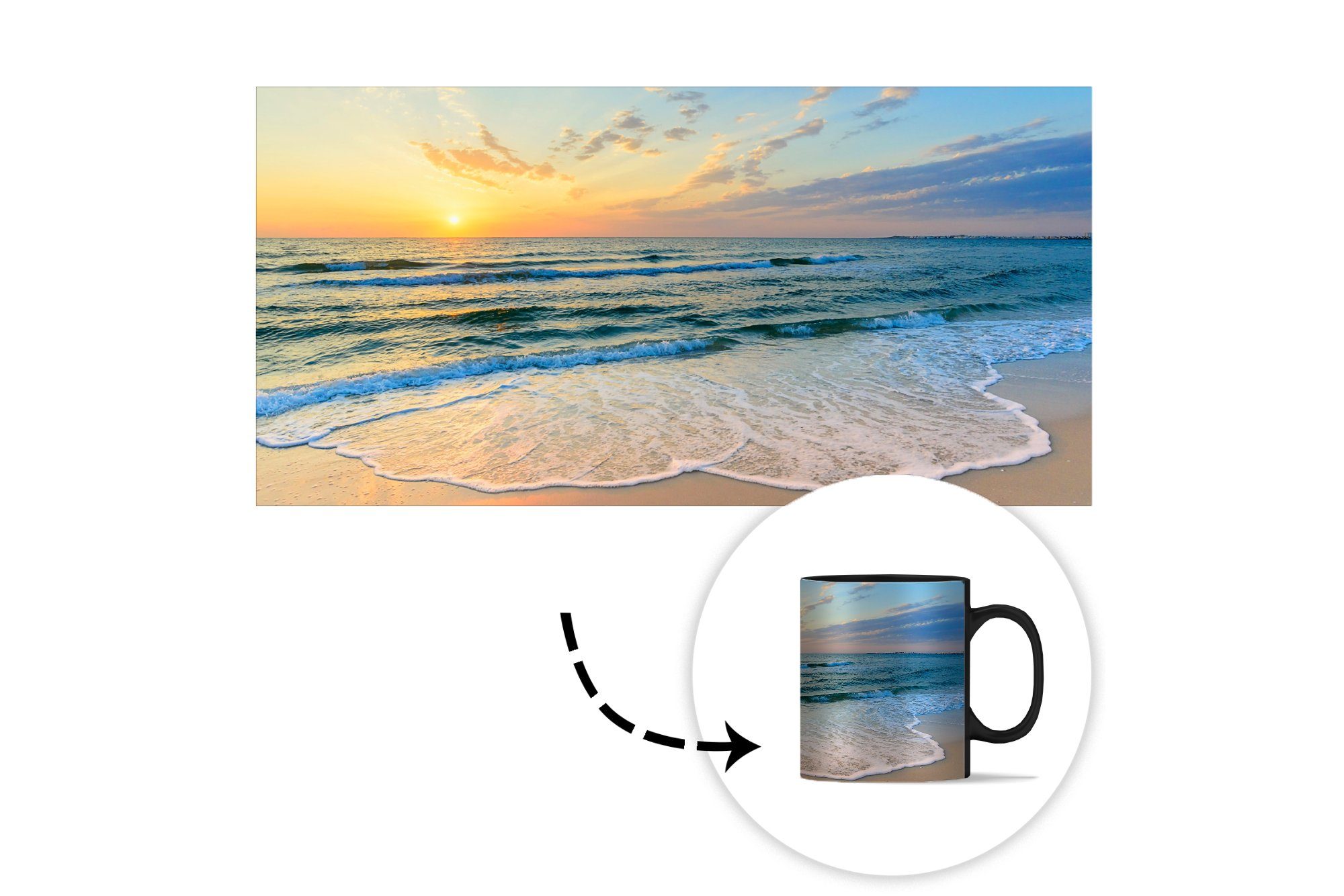 MuchoWow Teetasse, Geschenk Strand - Kaffeetassen, Meer Zaubertasse, Keramik, Farbwechsel, - Golf, Tasse - Sonnenuntergang