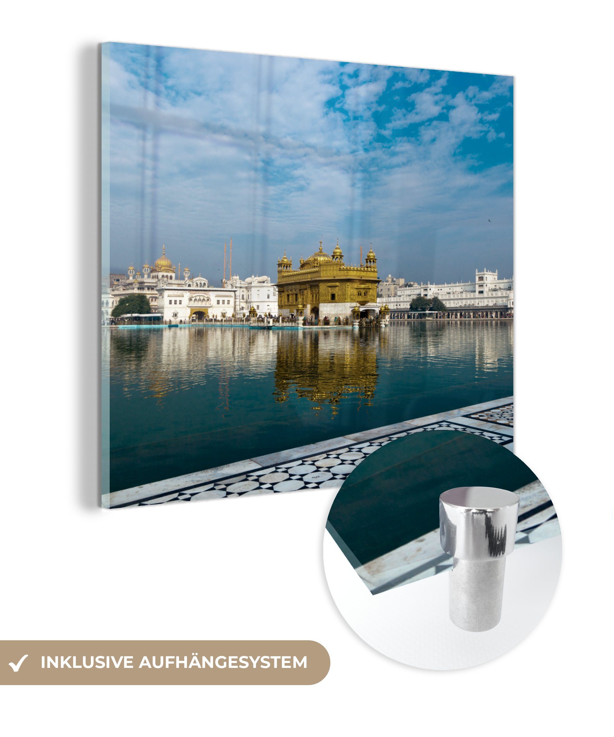 (1 - Wanddekoration Wandbild Amritsar, Glas St), Überschwemmter auf Foto Tempel MuchoWow Glasbilder - in Glas Acrylglasbild - Bilder auf Goldener