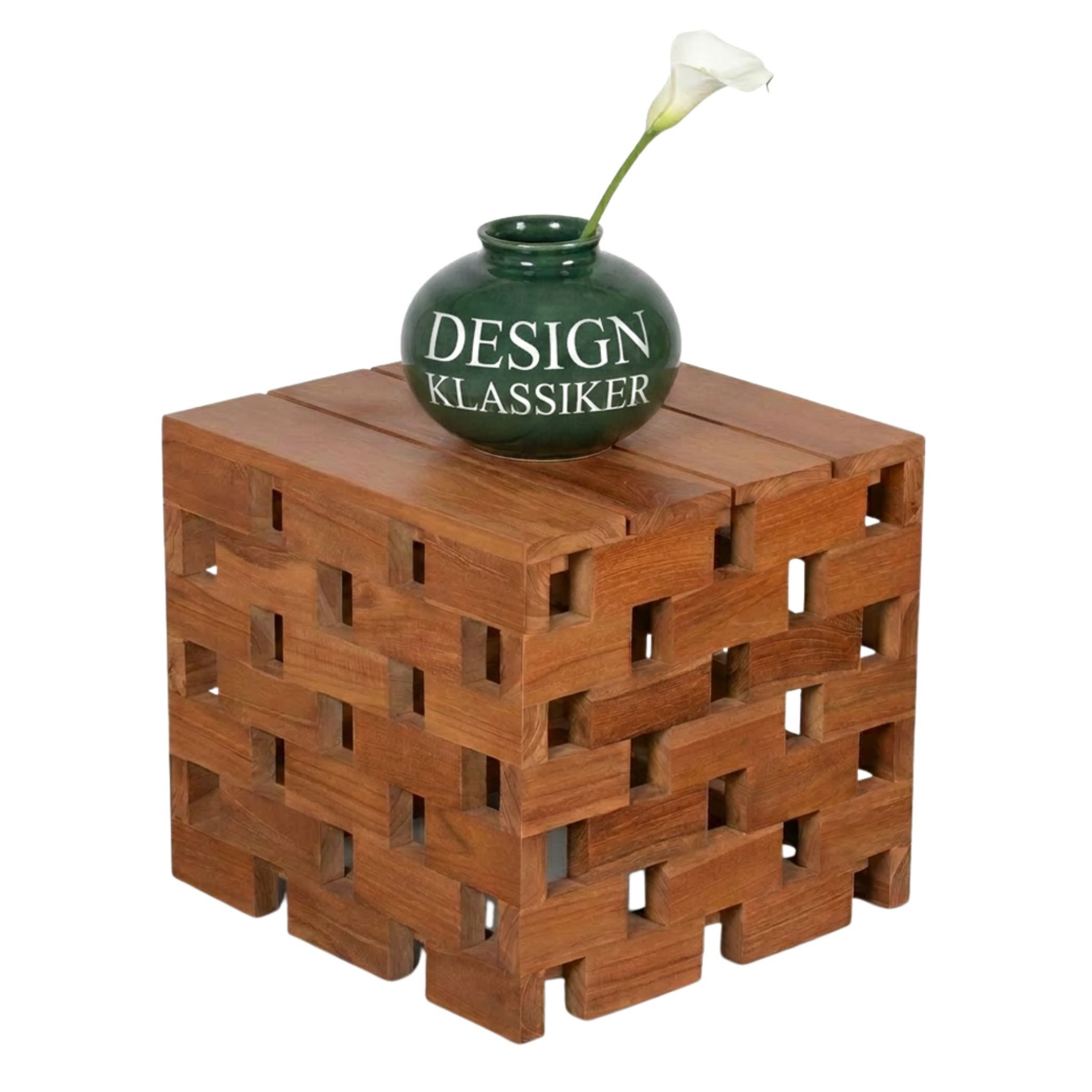 MR.DEKO Beistelltisch Dunham Teak 50 cm Hocker Garten Beistelltisch Holz wetterfest (Ideal zu Deckchairs kombinierbar – für drinnen & draußen geeignet, 1-St), Plantagen-Teak Vollholz – wetterfest, vielseitig, Stauraum