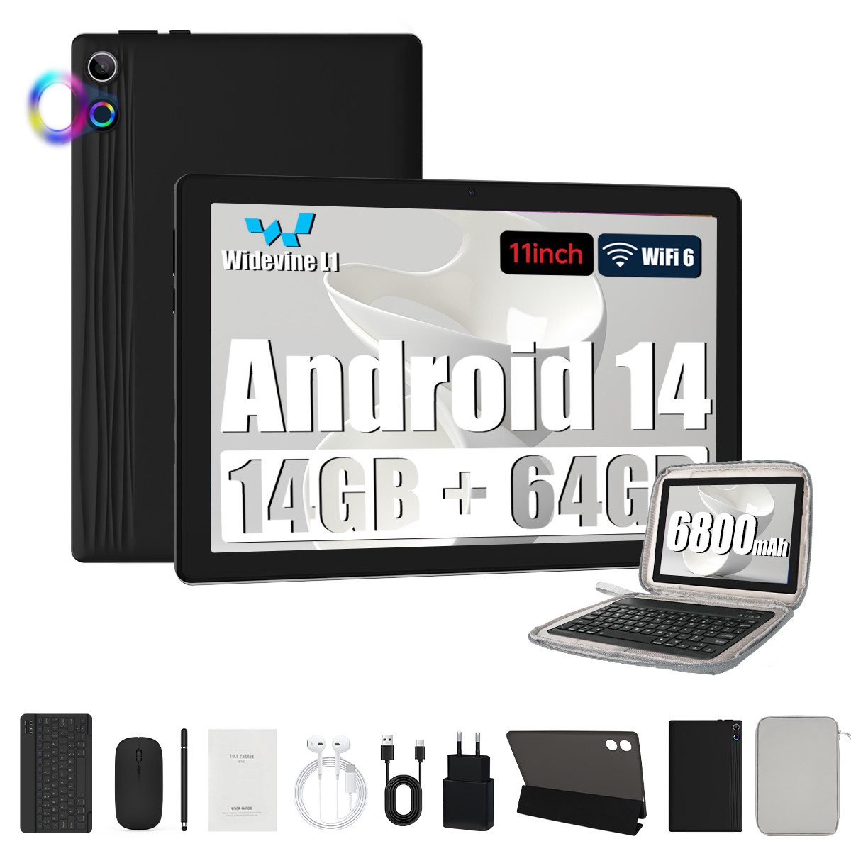 BUFO 11 Zoll Octa-Core 14(3+11)GB RAM+64GB 6800mAh, mit Tastatur Maus Stift Tablet (11", 64 GB, Android, AIC8800D80 802.11 a/b/g/n/ax/ac (WiFi 6) + BT5.3, Android 14, Duale Kamera, HD Display)