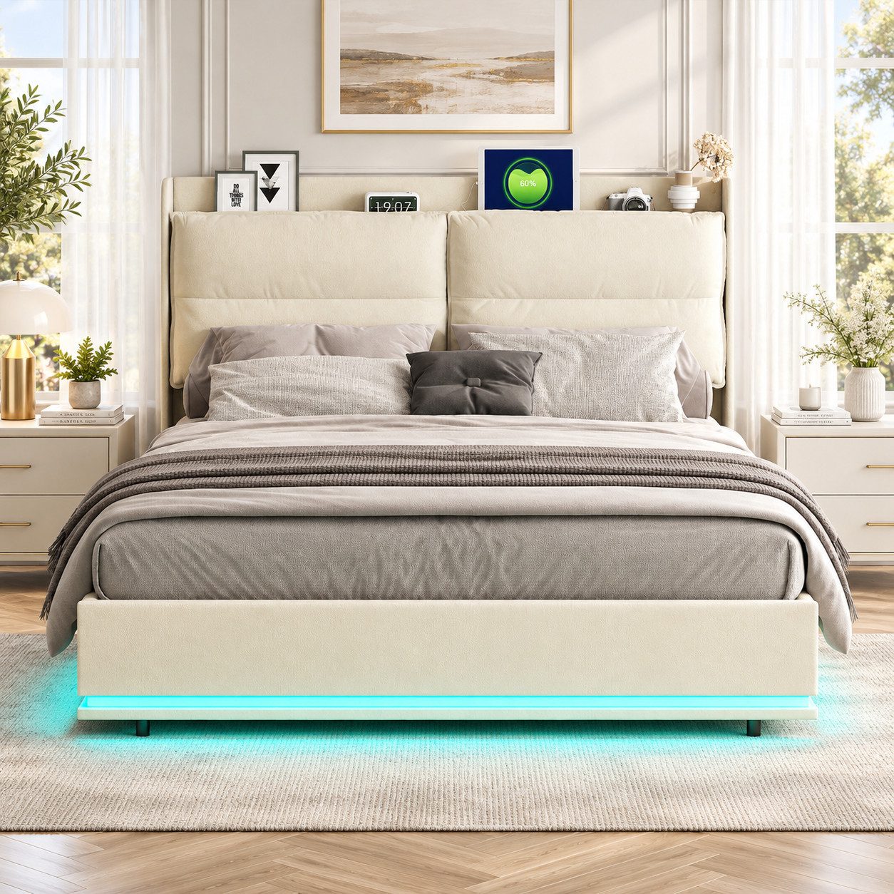 Simurq Boxspringbett Polsterbett 140x200,Doppelbett mit LED und USB,Abnehmbare Rückenlehne (Doppelbettgestell,Hydraulisch …
