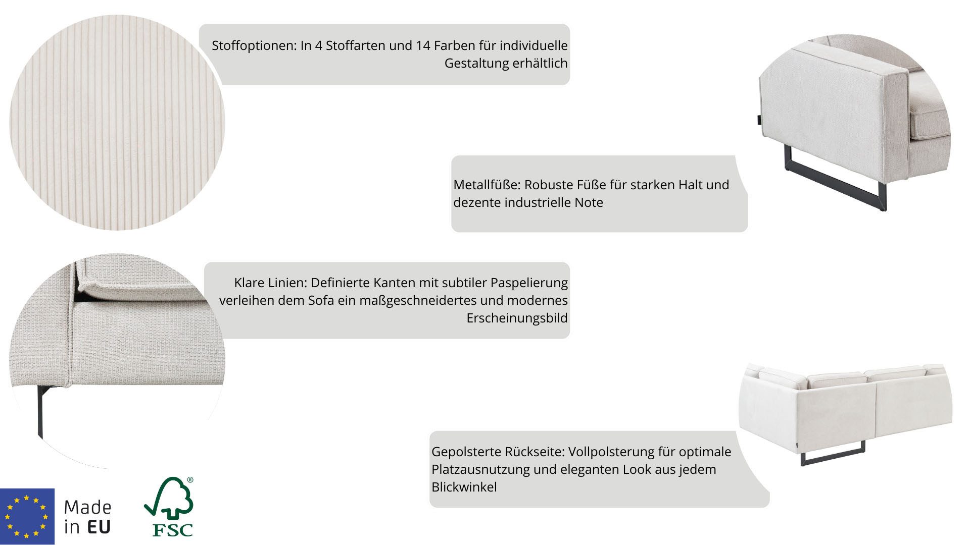 Home affaire Ecksofa Pinto, 290 cm, Cord, Chenille, Lederoptik, Ottomane links / rechts, mit Keder, schwarze Metallfüße, Wellenunterfederung