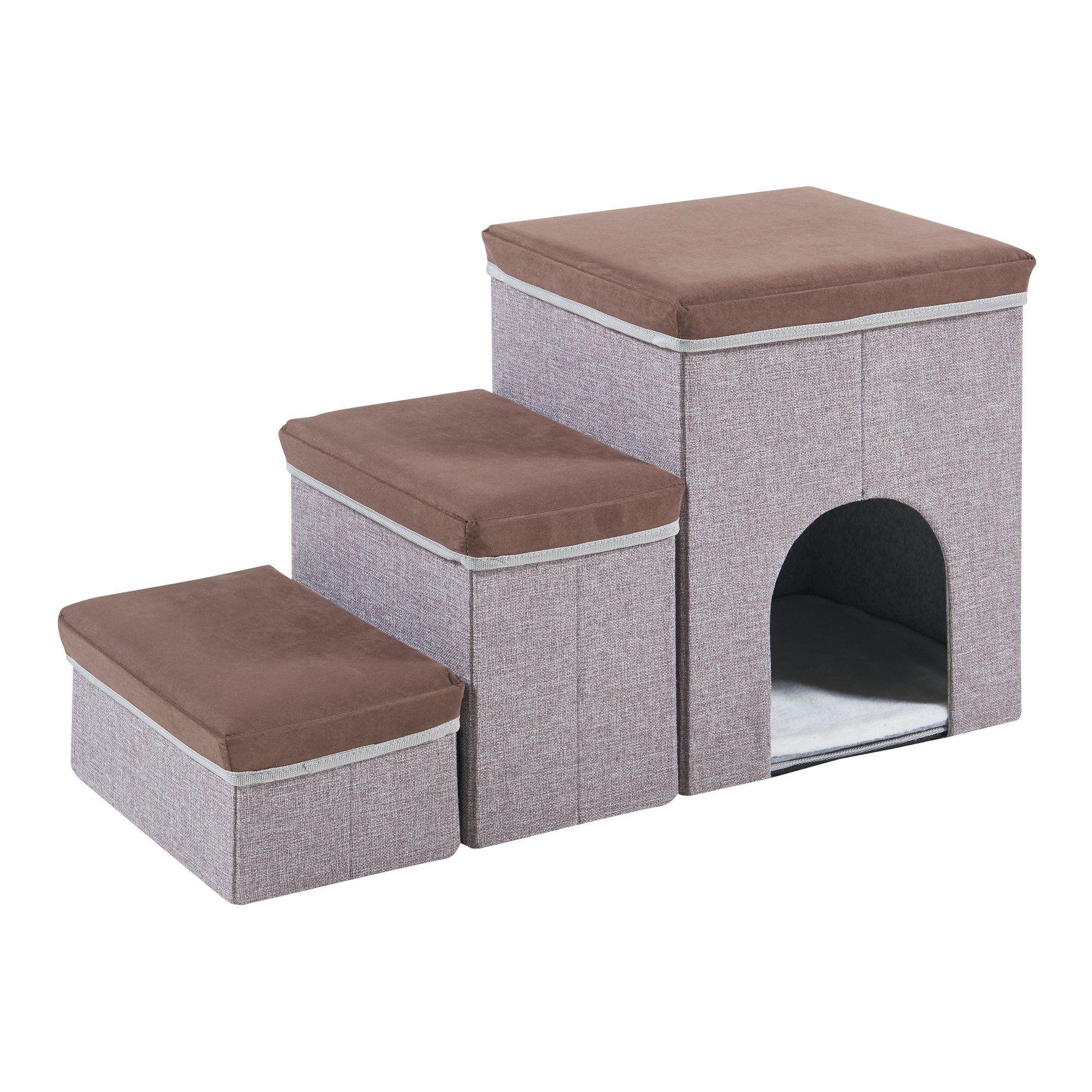 en.casa Hunderampe, »Vojens« mit Höhle und 3 Stufen 76x33x43 cm Braun/Grau