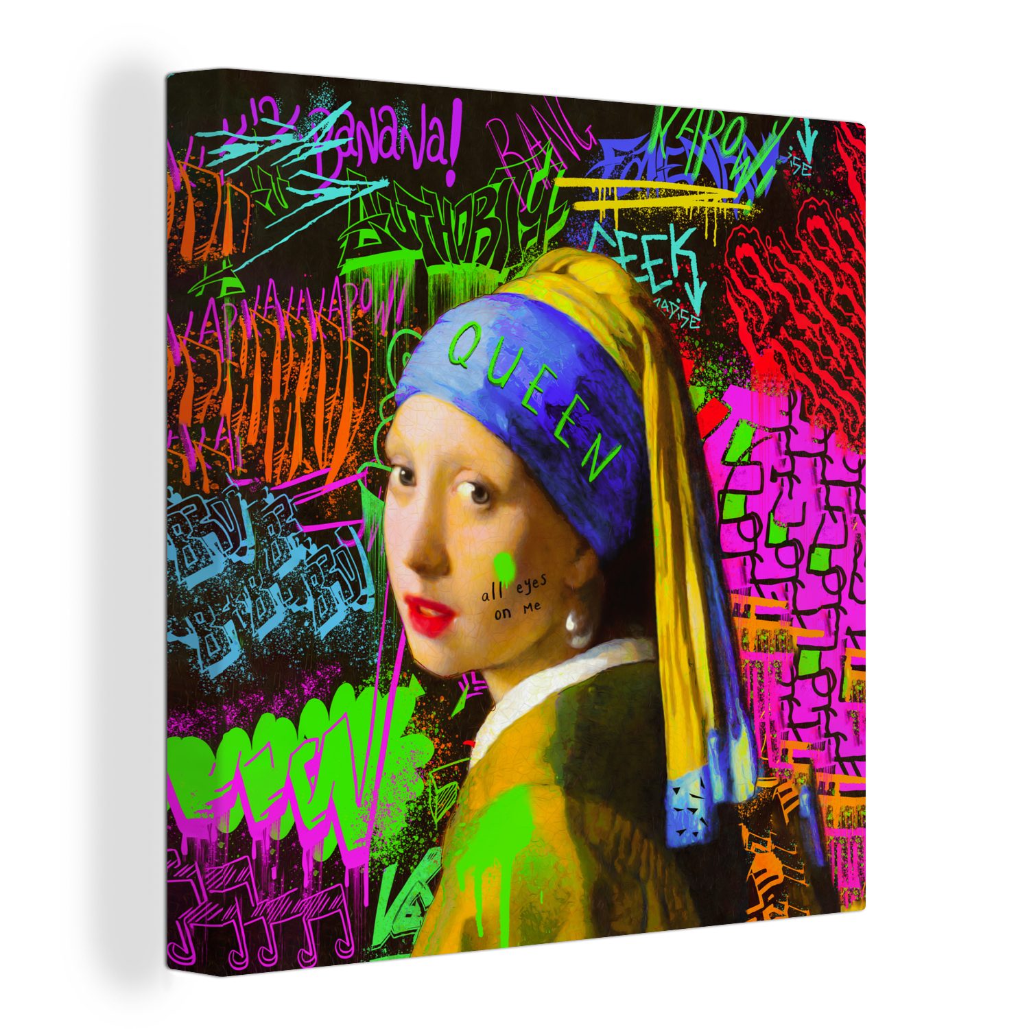 OneMillionCanvasses® Gemälde Girl with a Pearl Earring - Neon - Graffiti, (1 St), Leinwand Bilder für Wohnzimmer Schlafzimmer