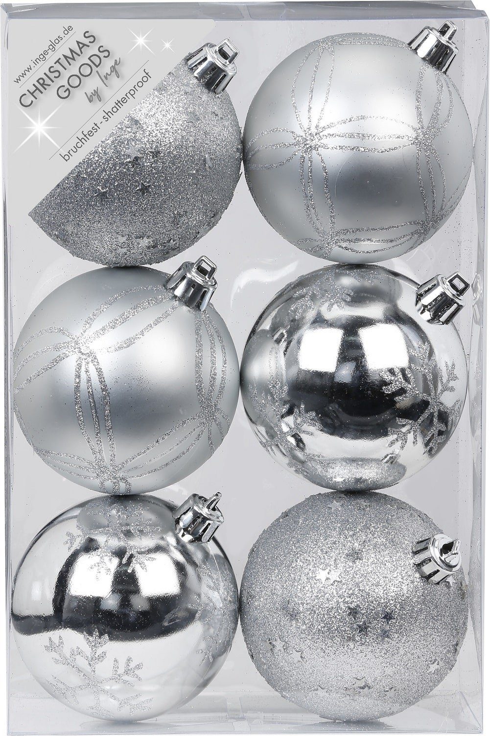 INGE-GLAS® Christbaumschmuck Inge's Weihnachtskugeln 6 Stück 8 cm Silber, Kunststoff, bruchfest, Baumdekoration, Baumschmuck, Weihnachtsdekoration