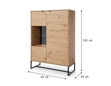 MOEBLO Highboard KERI KWT93 (Gehärtetes Glas, Griffe und Füße aus Metall, Sideboard Vitrine, Schrank für Wohnzimmer mit Türen Vitrinenschrank Glasvitrine), (BxHxT): 93x133x39 cm