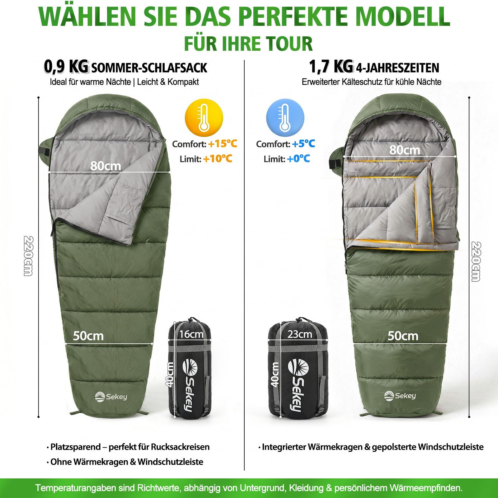 Sekey Mumienschlafsack Mumienschlafsack 220 cm leicht oder warm für Camping und Reisen, Leicht oder warm wählbar – 900g / 1700g - ideal für Camping & Trekking