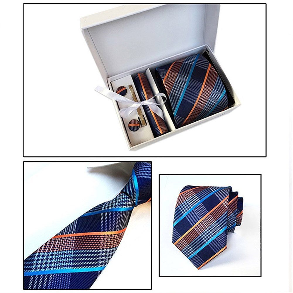 Dekorative Krawatte Herren Krawatten-Set, Krawatten (inkl. 4 Manschettenknöpfe + Stck Krawattennadel) (4-St) für Krawatte+Taschentuch B Hochzeitsfest 