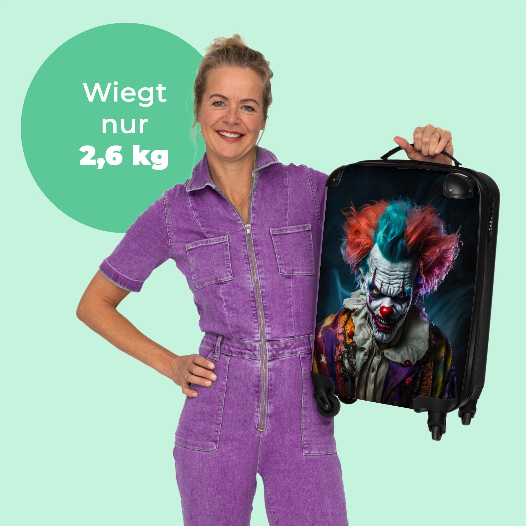 NoBoringSuitcases.com© Handgepäckkoffer 55x35x20cm Clown - Make-up - Reisekoffer Rollkoffer Handgepäck mit - Porträt Horror, Rollen - 4 - 4 Trolley Kostüm Rollen, Cabin Kleine