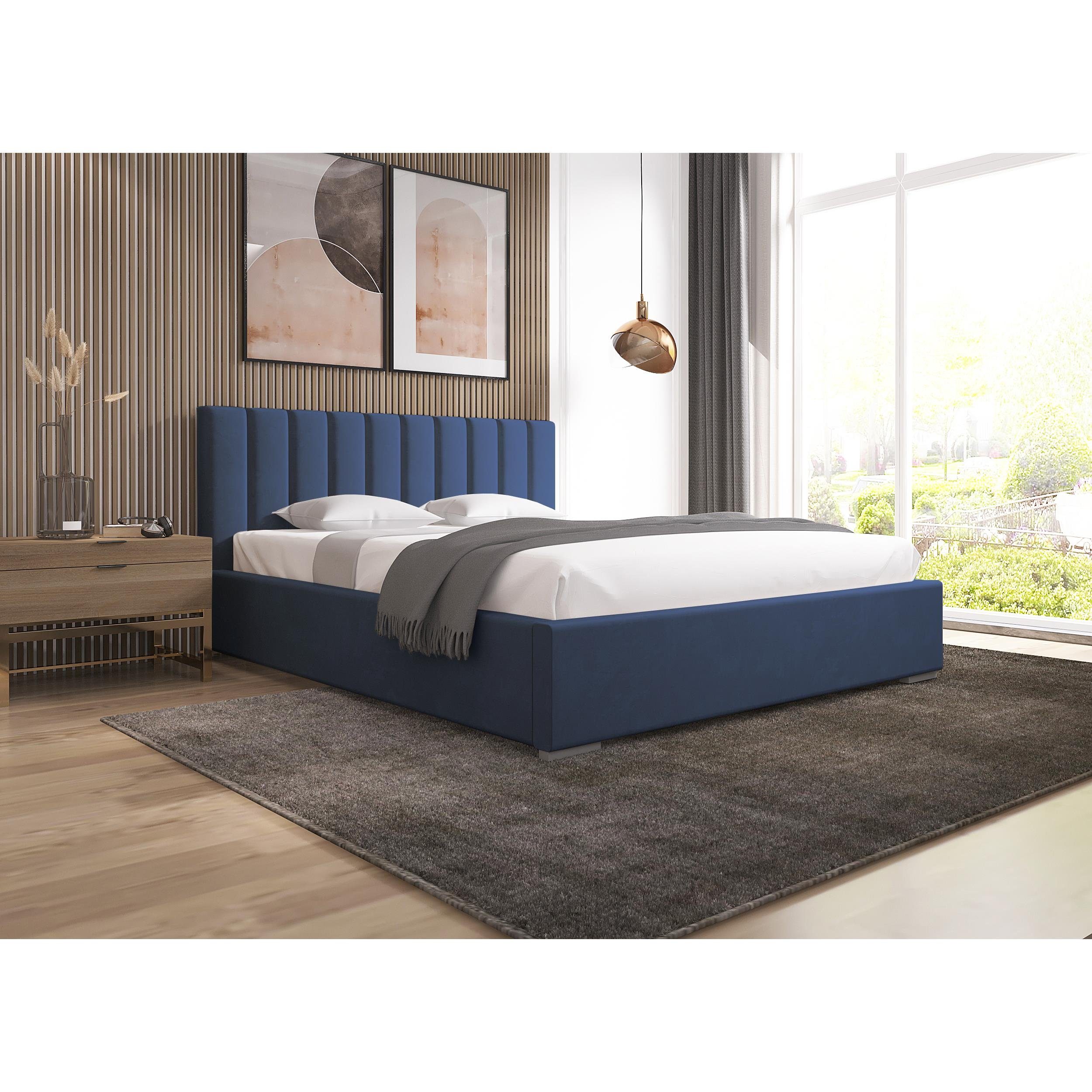 Beautysofa Polsterbett Adeline (stilvoll Bett mit Velvet-Bezug, Beige Polsterbett 120 x 200 cm), mit Bettkasten, mit Holzgestell Blau (mono 242) | Polsterbetten