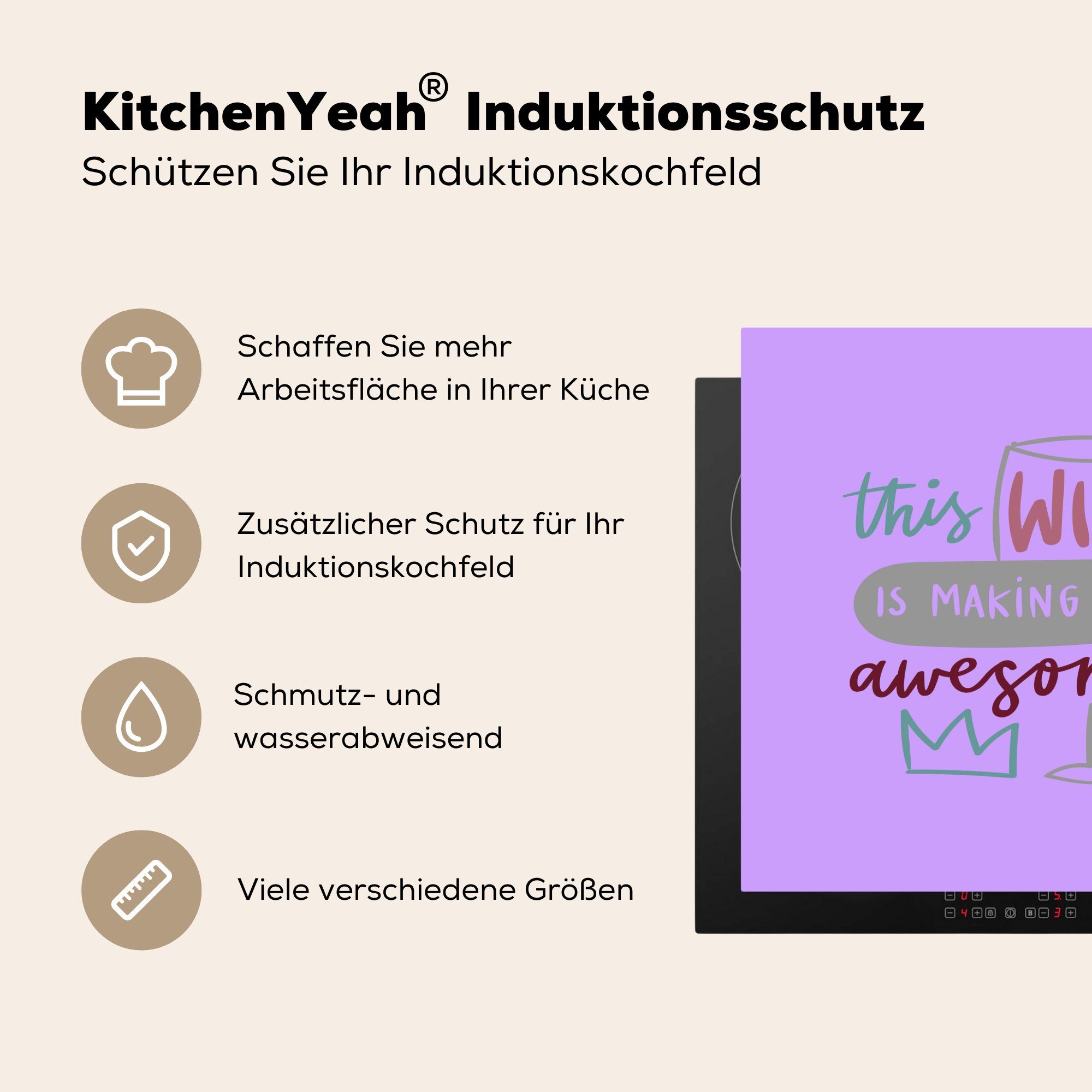 Zitat Wein tlg), Hintergrund, cm, mit macht 78x78 Arbeitsplatte geil" Herdblende-/Abdeckplatte MuchoWow Vinyl, "Dieser küche Ceranfeldabdeckung, (1 für lila mich