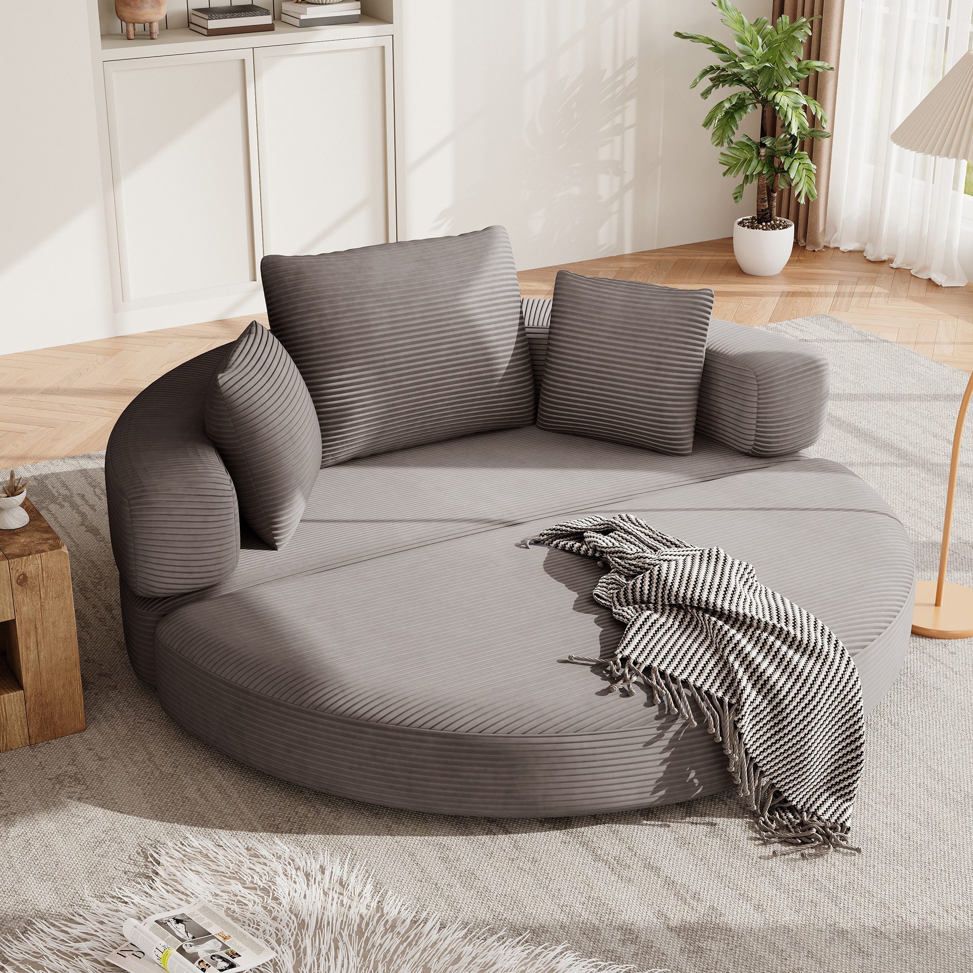 Odikalo Schlafsofa Sofas wohnzimmer Loungesofa Schlafcouch Tagesbett mit Schlaffunktion, Multifunktionales freistehendes Klappsofabett (Boneless Couch)–Ovales Bett mit Kissen modulares Sofa Cordstoff-Bezug (173x176) geeignet für Apartments Wohnzimmer, Schlafzimmer