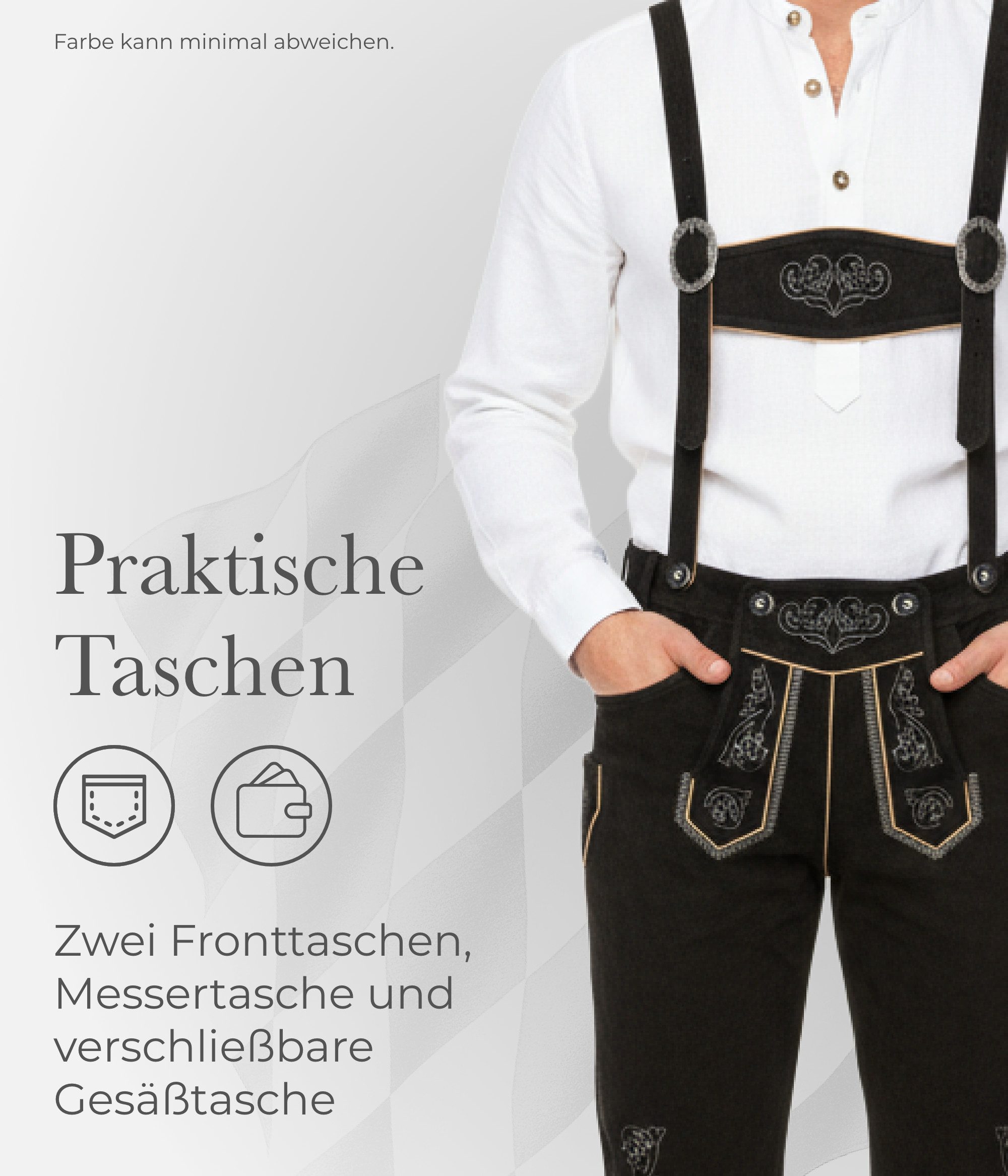 Spirit of Bavaria Trachtenlederhose aus 100% Echtleder I Lederhose Herren mit Träger I Tracht Hose Männer (I Traditionelle Trachtenlederhose für Herren, I Kniebund Oktoberfest Outfit Trachtenhose 506)