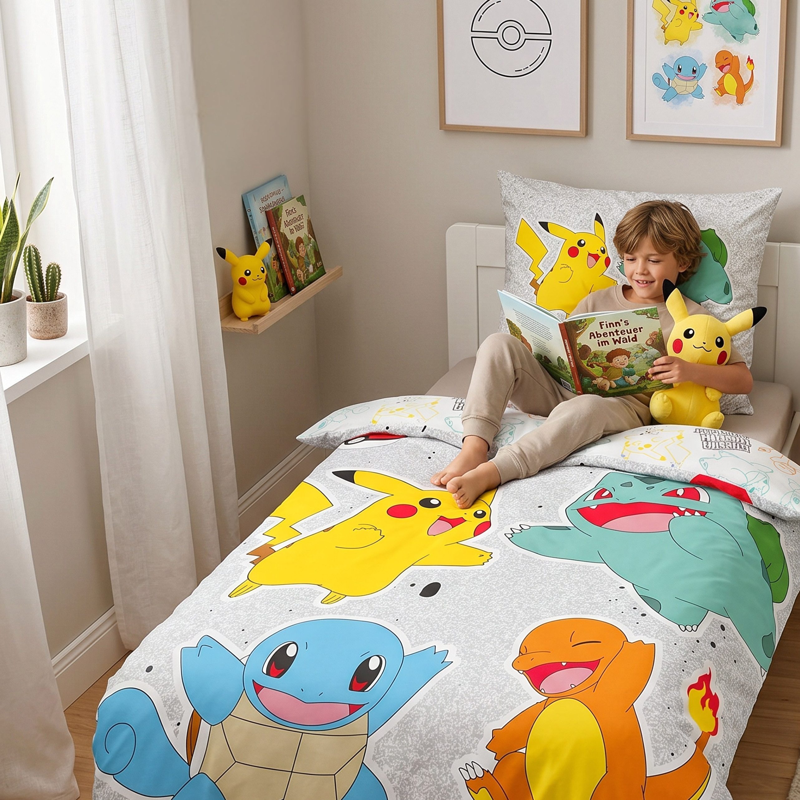 MTOnlinehandel Kinderbettwäsche Pokémon Friends 135x200 + 80x80 cm, Wende-Motiv, 100% Polyester, 2 teilig, Pikachu, Bisasam, Glumanda & Schiggy für kleine Pokémon Fans