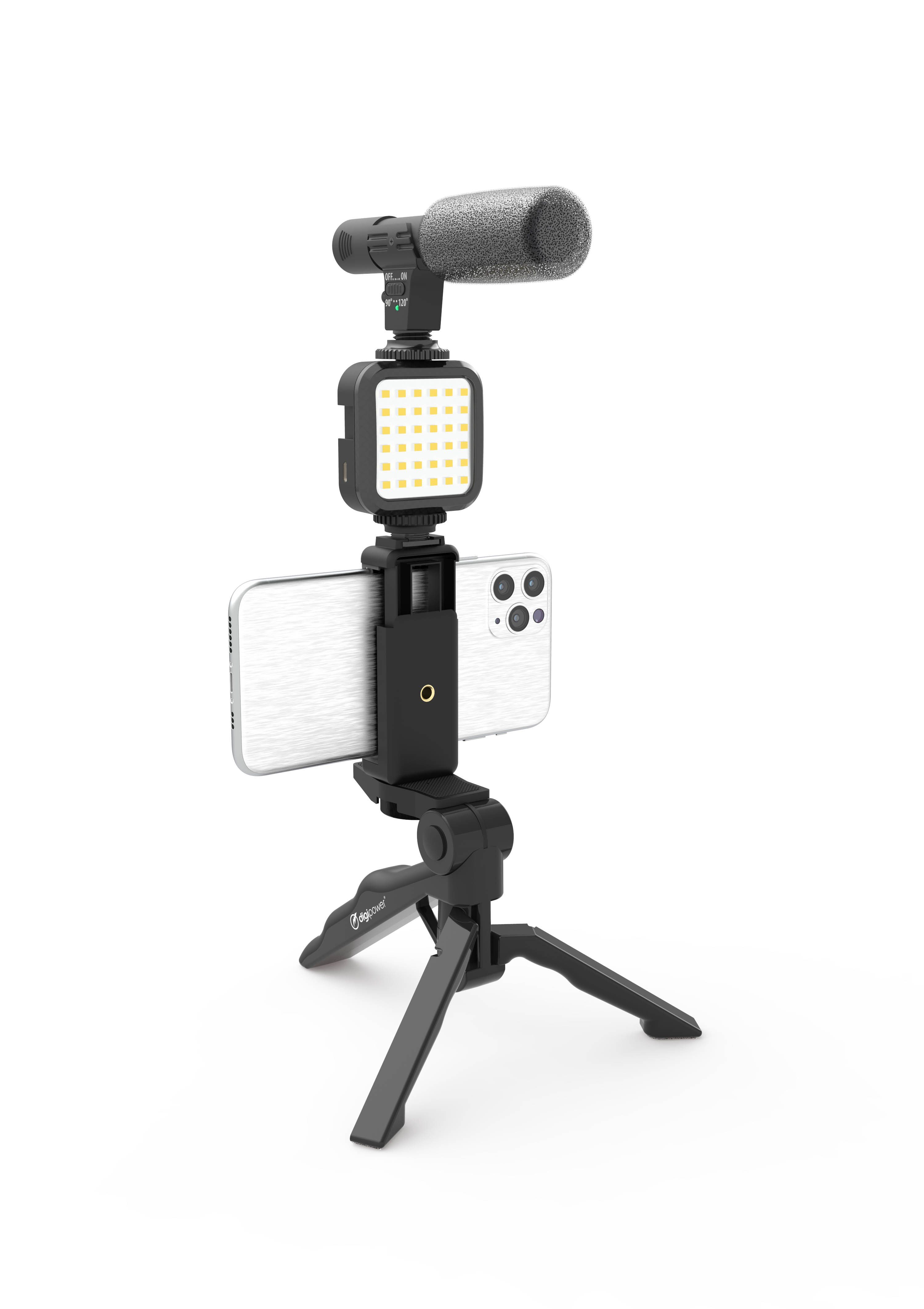 DigiPower Vlogging Set "Like Me", LEDs Mikrofon Handy Halterung Mini-Stativ Smartphone-Halterung, (4-tlg., für TikTok, Youtube, Live-Streaming und Meetings)