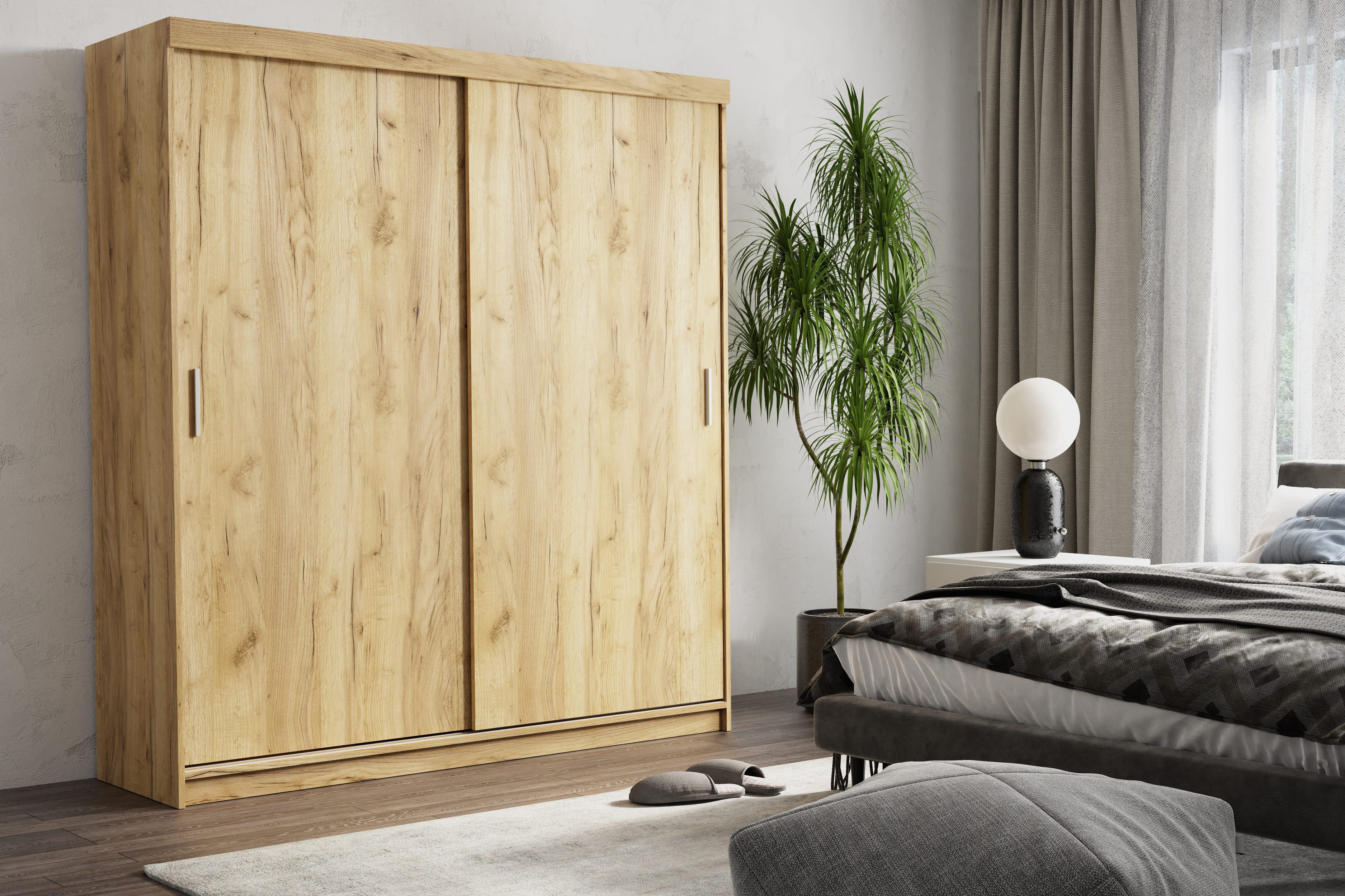 MOEBLO Kleiderschrank LEXI (mit Schiebetüren, Garderobe mit Einlegeböden und Kleiderstange, mit flexibler Innendekor Konfiguration) - (BxHxT): 203x217x62 cm