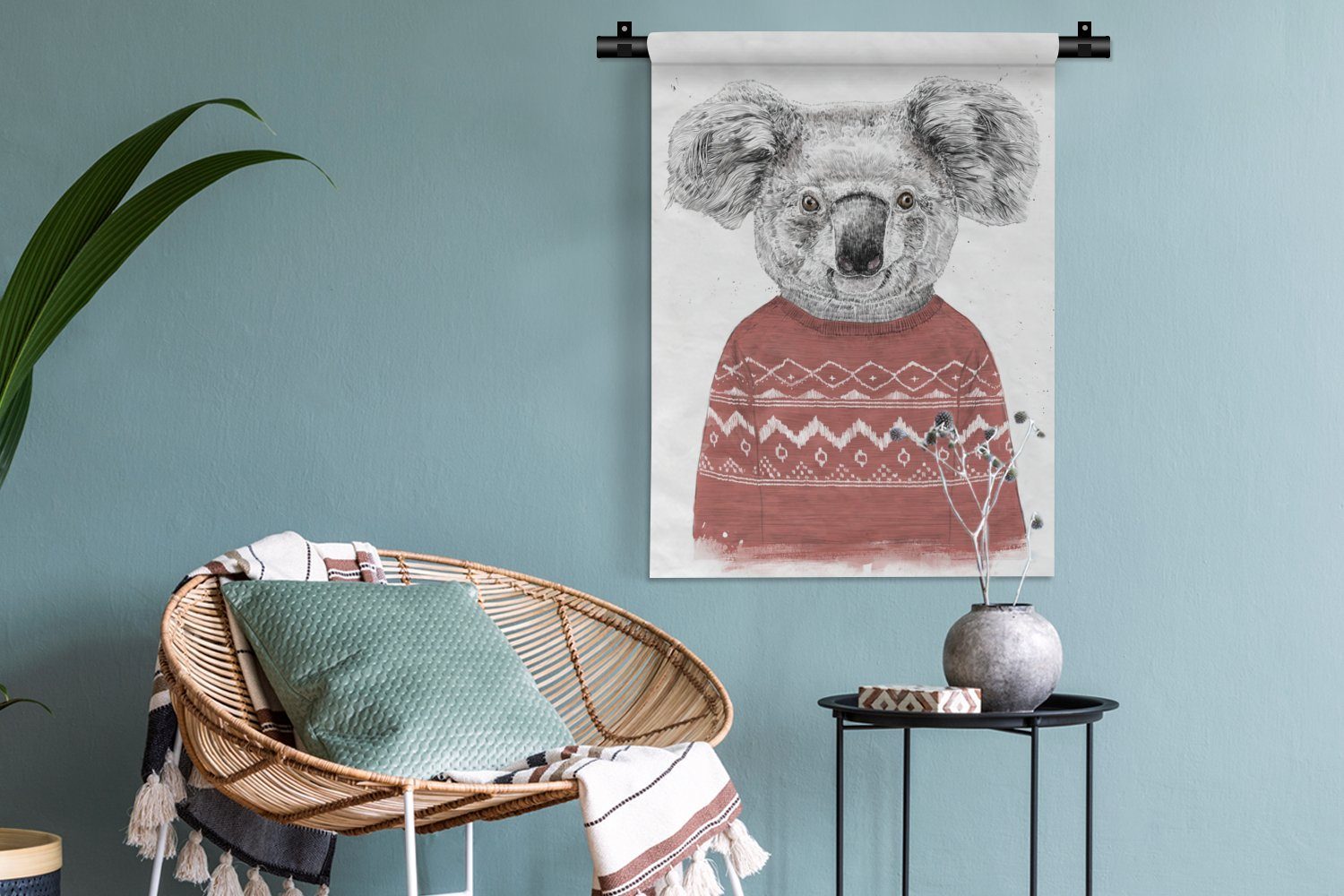 für - Deko Pullover Winter Rot, - Wanddekoobjekt Wand, Wohnzimmer, - MuchoWow Tapisserie, der an Schlafzimmer Koala